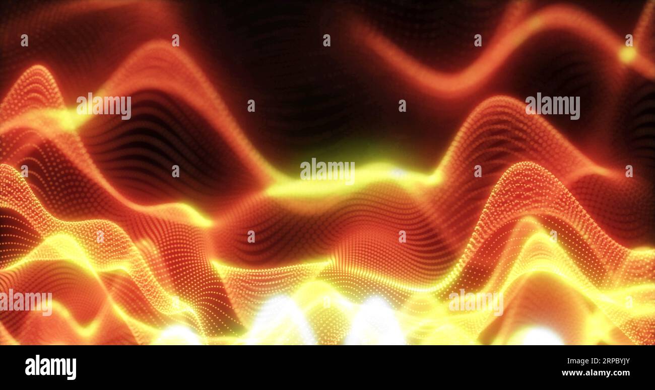 Abstrakter Hintergrund orangener feuriger futuristischer glühender Wellen aus Punktteilchen und Linien von Energie und Magie auf schwarzem Hintergrund. Bildschirmschoner Stockfoto