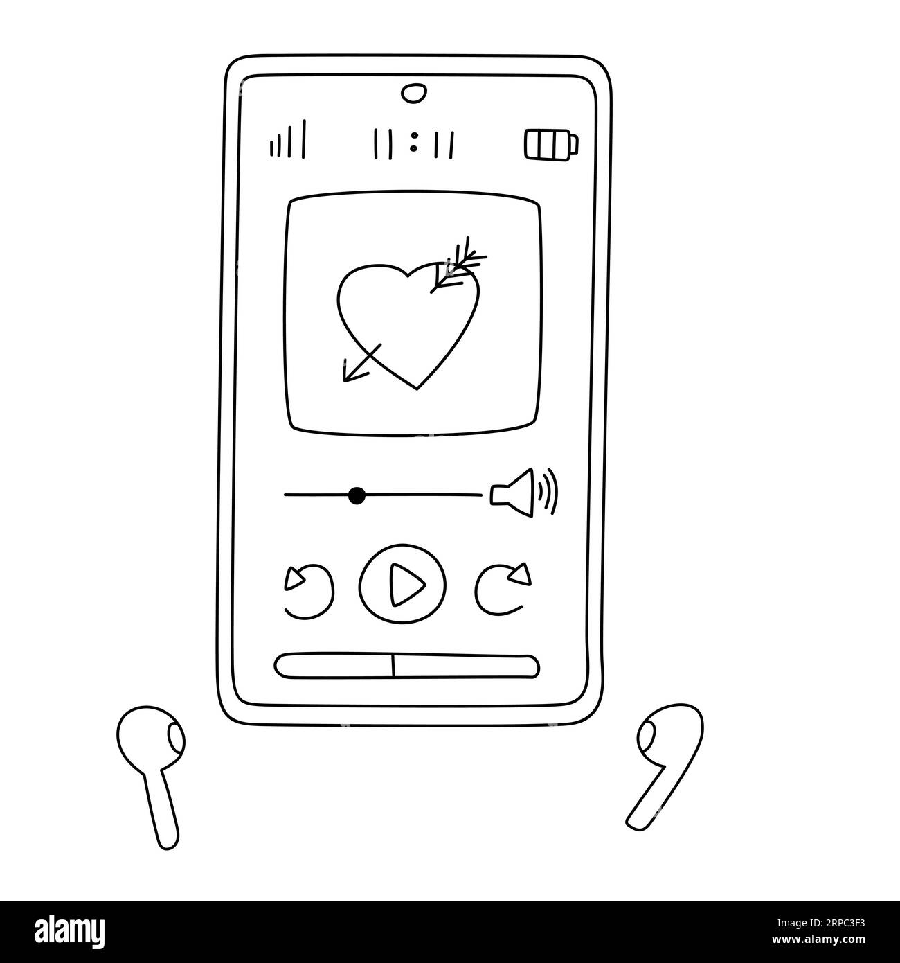 Handgezeichneter Bildschirm für Mobiltelefone mit E-Book-Lesegerät und Ohrhörern. Leseschnittstelle im Doodle-Stil. Schwarz-weiß-Umrissvektor illus Stock Vektor