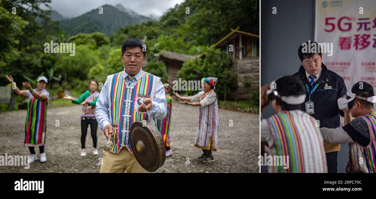 (190626) -- KUNMING, 26. Juni 2019 -- Combo-Foto aufgenommen am 21. Juni 2019 zeigt das Porträt von Ma Chunhai (L), Dulong ethnischer Gruppe und Ma, die lokale Leute führen, die 5G VR-Geräte in der Dulongjiang Township im Gongshan County, Südwestchinesische Provinz Yunnan, erleben. MA arbeitet in der China Mobile Service Hall in der Gemeinde Dulongjiang, wo in diesem Jahr die 5G EXPERIENCE Basisstation eröffnet wurde. Zhiguo-Minderheiten sind besondere Mitglieder der 56 ethnischen Gruppen Chinas. Der Begriff Zhiguo bezieht sich auf Minderheitengruppen, die vor der Modernisierung in relativer Isolation gelebt und die damit verbundene Übergangszeit übersprungen hatten Stockfoto