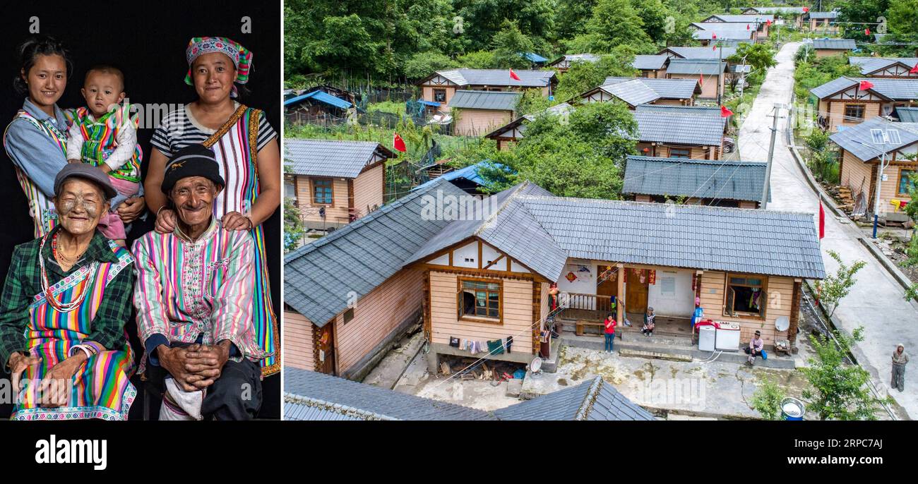 (190626) -- KUNMING, 26. Juni 2019 -- Combo Foto aufgenommen am 21. Juni 2019 zeigt ein Familienfoto von Li Wenshi (Front L), einer Frau der ethnischen Gruppe Dulong, und Häuser von Li und anderen Dorfbewohnern im Dorf Dizhengdang der Gemeinde Dulongjiang, Gongshan County, Südwestchinesische Provinz Yunnan. Die Häuser wurden 2011 von der örtlichen Regierung erbaut. Zhiguo-Minderheiten sind besondere Mitglieder der 56 ethnischen Gruppen Chinas. Der Begriff Zhiguo bezieht sich auf Minderheitengruppen, die vor der Modernisierung in relativer Isolation gelebt und die mit der feudalen Monarchie verbundene Übergangszeit übersprungen hatten. Yunnan ist eine große Konzentra Stockfoto