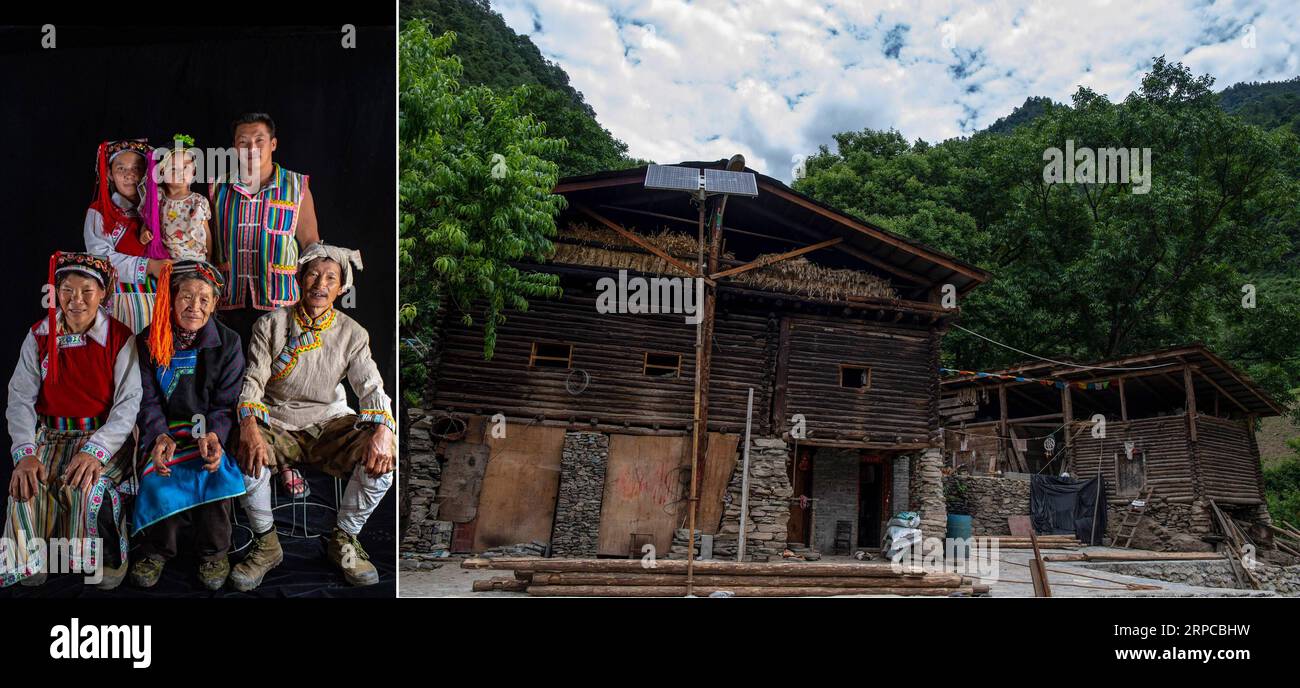 (190630) -- PEKING, 30. Juni 2019 -- Combo Foto aufgenommen am 23. Juni 2019 zeigt ein Familienfoto (L) von Wang Lige (R, zurück), Nu ethnischer Gruppe und Wangs Haus und Haus-inn im Bau in Qiunatong Dorf der Bingzhongluo Township, Gongshan County, Südwestchinesische Provinz Yunnan. Das Ackerland brachte der Familie Wang ein jährliches Einkommen von etwa 40.000 Yuan (etwa 5.821 US-Dollar). Zhiguo-Minderheiten sind besondere Mitglieder der 56 ethnischen Gruppen Chinas. Der Begriff Zhiguo bezieht sich auf Minderheitengruppen, die vor der Modernisierung in relativer Isolation gelebt und die Übergangszeit assoc übersprungen hatten Stockfoto