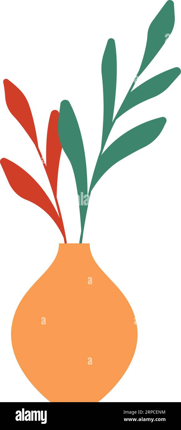 Grüne Zweige in Keramikvase. Natürliche Pflanzendekoration Stock Vektor