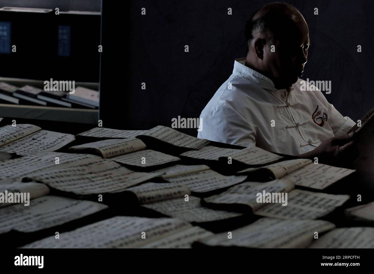 (190704) -- PEKING, 4. Juli 2019 -- der Kulturforscher Wei Shizhao liest einen Text in Shui-Schrift im Sandu County, südwestchinesische Provinz Guizhou, 3. Juli 2019. Das Shui-Skript ist das einzigartige piktographische Schreibsystem, das von den Shui-Leuten im Südwesten Chinas verwendet wird, um Aufzeichnungen über ihre Kultur zu führen. ) XINHUA FOTOS DES TAGES OuxDongqu PUBLICATIONxNOTxINxCHN Stockfoto