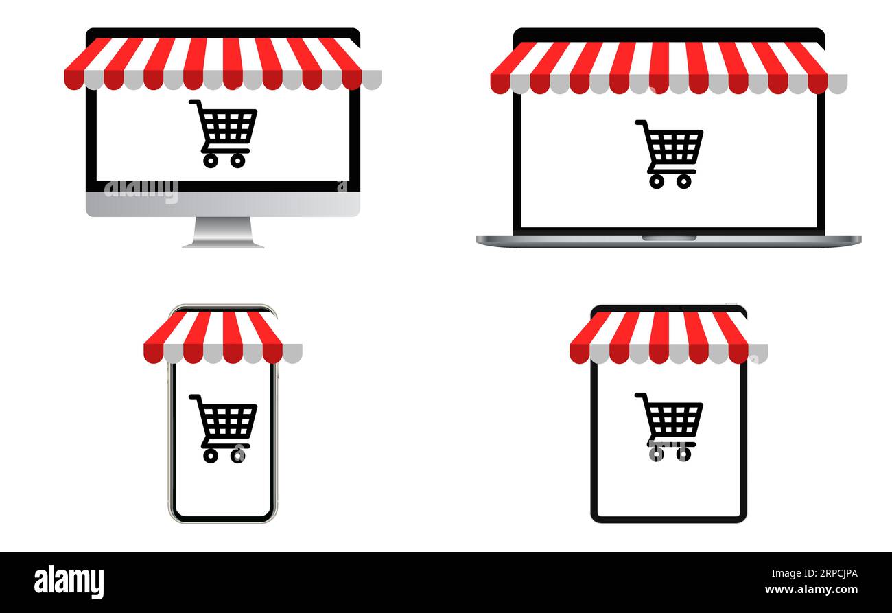 Online-Shopping auf Computer, Laptop, Smartphone und Tablet Stock Vektor