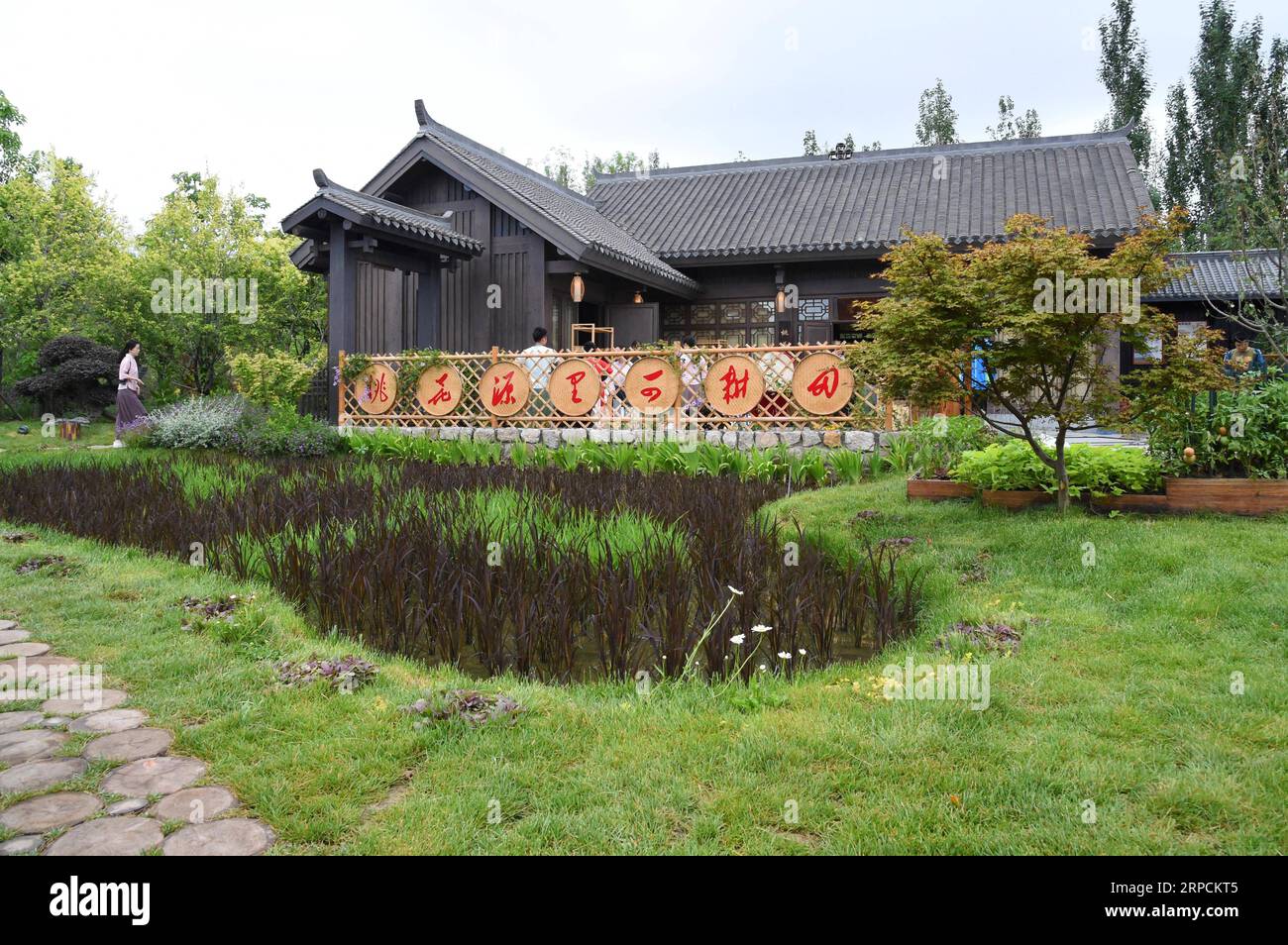 (190708) -- PEKING, 8. Juli 2019 -- Touristen besuchen den Hunan-Garten auf der Pekinger Internationalen Gartenausstellung in Peking, Hauptstadt von China, 7. Juli 2019. Die Provinz Hunan liegt in Zentralchina und ist für ihre abwechslungsreiche Topographie bekannt. Er grenzt im Norden an den Dongting Lake, und die Ost-, Süd- und Westseite der Provinz sind von Bergen umgeben, mit den Wuling- und Xuefeng-Bergen im Westen, dem Nanling-Berg im Süden, den Luoxiao- und den Mufu-Bergen im Osten. Die Flüsse Xiangjiang, Zijiang, Yuanjiang und Lishui treffen auf dem Yangtze River am Dongting Lake im N zusammen Stockfoto