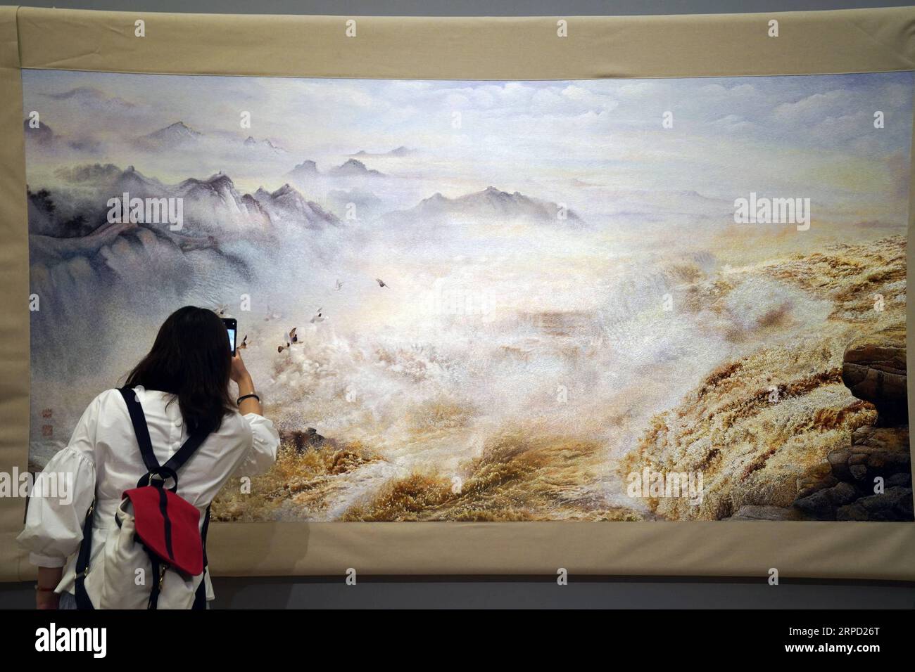 (190719) -- PEKING, 19. Juli 2019 -- Ein Besucher fotografiert eine Ausstellung während des Splendid China -- Ausstellung für kunstvolle Suzhou-Stickerei im National Art Museum of China (NAMOC) in Peking, Hauptstadt von China, 19. Juli 2019. Die Ausstellung, die am Freitag hier eröffnet wird, zeigt eine reiche Sammlung von Werken der chinesischen Suzhou-Stickmeister in der zeitgenössischen Ära. ) CHINA-BEIJING-ART-SUZHOU STICKAUSSTELLUNG (CN) JINXLIANGKUAI PUBLICATIONXNOTXINXCHN Stockfoto