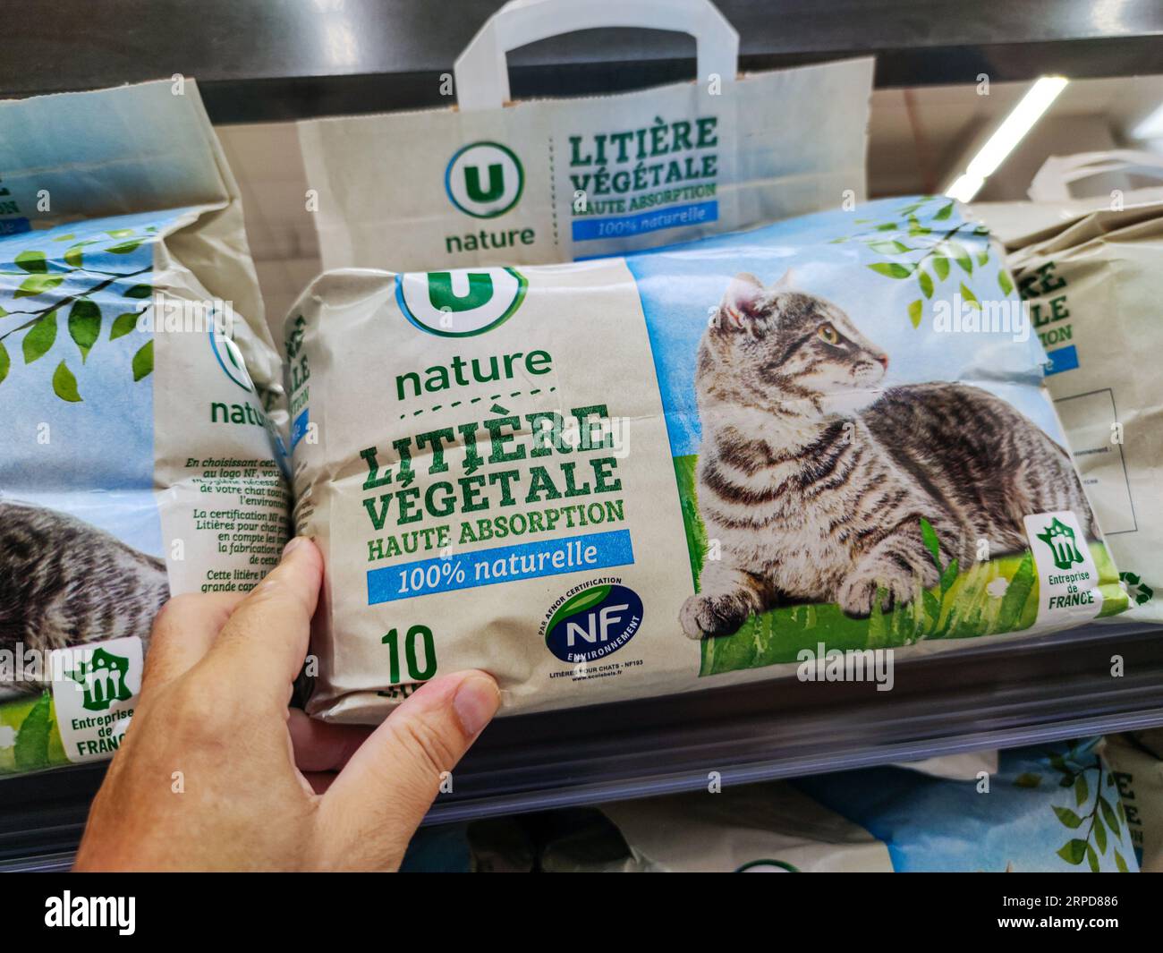 Puilboreau, Frankreich - 14. Oktober 2020: Kunde wählt in einem französischen Tiergeschäft die Katzenmütze aus Stockfoto