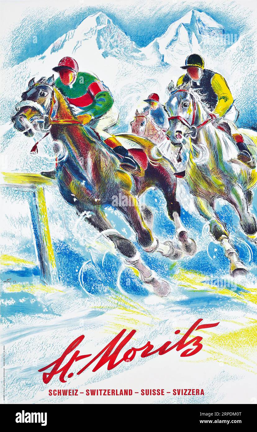 Vintage Winter Reiseplakat für St. Moritz, Schweiz, zeigt Pferderennen im Schnee Stockfoto