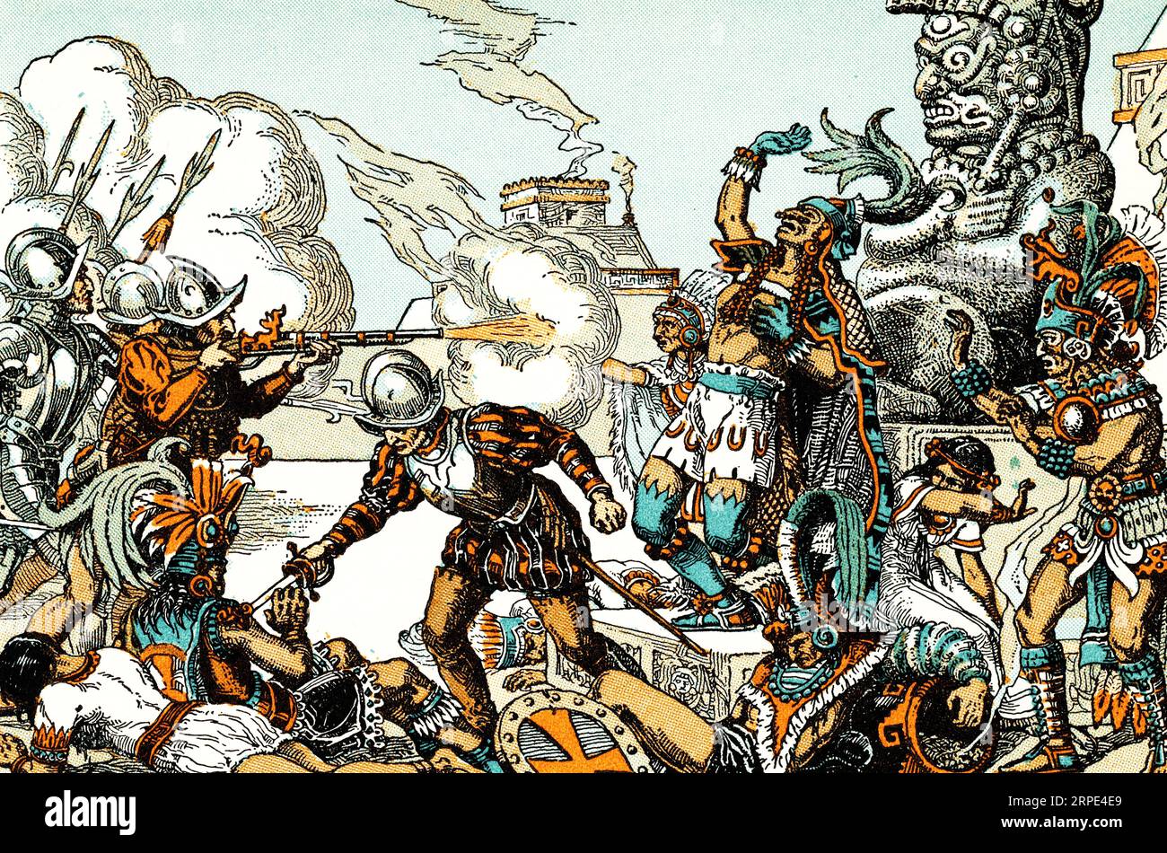 Pedro de Alvarado führt ein Massaker an aztekischen Adligen an. Während Cortés Abwesenheit verschlechterten sich die Beziehungen zwischen den Spaniern und ihren Gastgebern, und Pedro de Alvarado (1485–1541) führte ein Massaker an aztekischen Adligen und Priestern, die ein religiöses fest beobachteten. Stockfoto