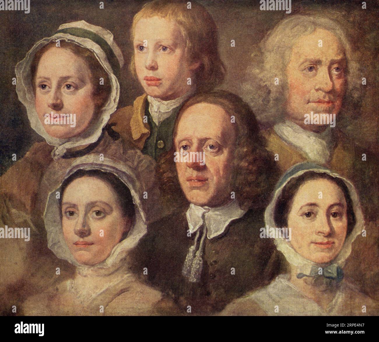 Die Leiter von sechs Hogarth's Servants, c1750-5. Von William Hogarth (1697-1764). Dieses Gruppenporträt von sechs von Hogarths Dienern könnte in Hogarths Atelier gehängt haben und diente als Werbespot für seine Malkunst. Stockfoto