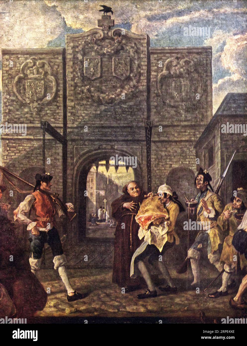 O The Roast Beef of Old England („The Gate of Calais“), 1748. Von William Hogarth (1697-1764). Hogarth produzierte dieses Gemälde nach seiner Rückkehr aus Frankreich, wo er als Spion verhaftet worden war, während er in Calais skizzierte. Die Szene zeigt eine Rindfleischseite, die vom Hafen zu einer englischen Taverne im Hafen transportiert wird, während eine Gruppe unterernährter, zerlumpter französischer Soldaten und ein fetter Mönch hungrig zusehen. Stockfoto