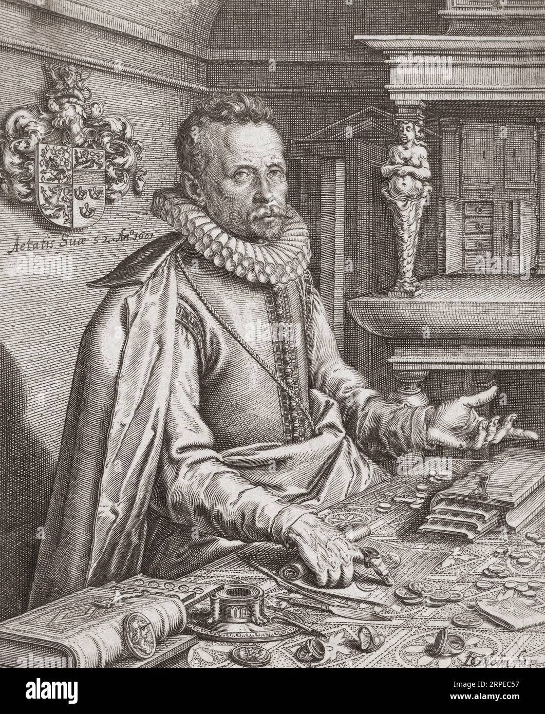 Abraham Gorlaeus, auch bekannt als Abraham van Goorle, 1549–1608. Niederländische Antike, nach einem Kupferstich von Jacques de Gheyn II. Aus dem 17. Jahrhundert Stockfoto