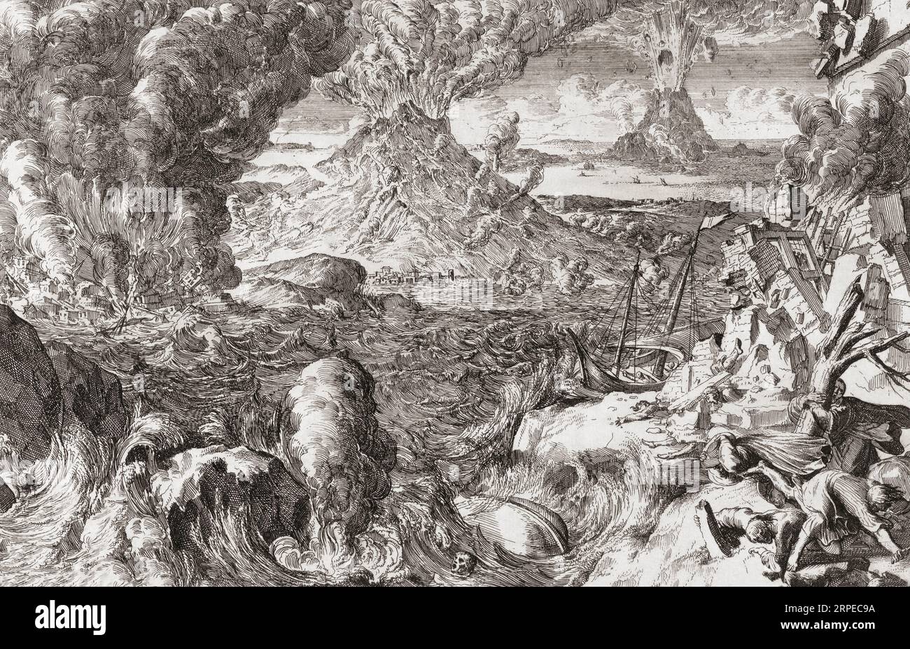 Vulkane und Stürme, nach einem Werk von Romeyn de Hooghe aus dem 18. Jahrhundert. Anstatt sich auf einen bestimmten Vorfall oder geografischen Ort zu konzentrieren, hat de Hooghe eine thematische Arbeit erstellt, die das Schlimmste zeigt, was die Natur dem Menschen antun kann: Vulkanausbrüche, Überschwemmungen, Stürme, Erdbeben Stockfoto