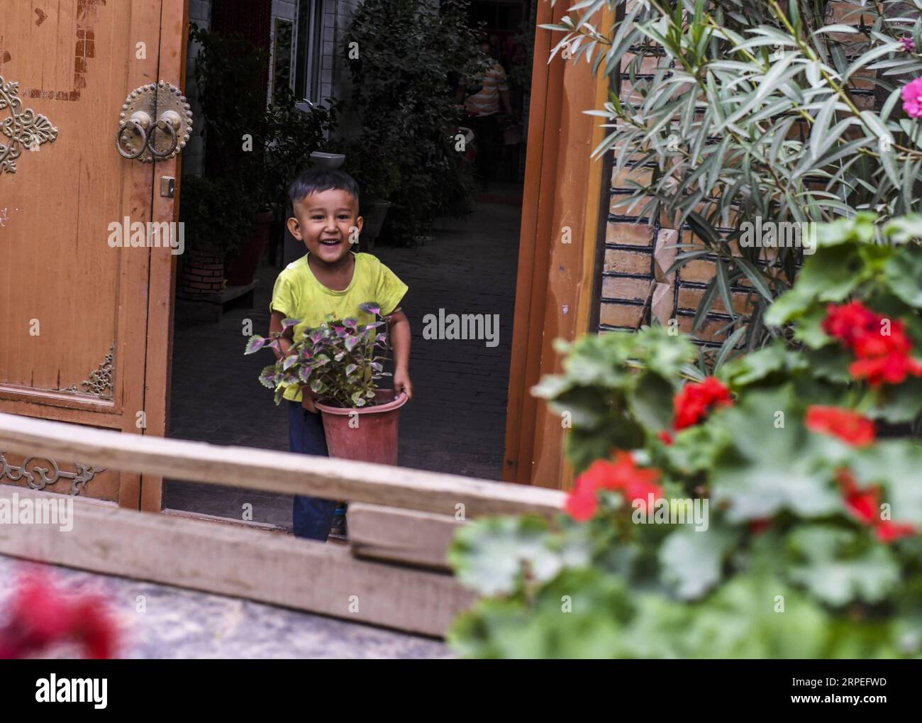 (190828) -- KASHGAR, 28. August 2019 -- Ein Kind hilft Salima Sultan, einen Blumentopf auf ein Fahrzeug im Dorf Qianjin in Kashgar, Nordwestchinas Autonome Region Xinjiang Uygur, 18. August 2019, zu laden. Wohnungen umgeben von duftenden Blüten in Überfluss, gut angelegte Häuser und Gassen von gepflegtem Aussehen, verschiedene Bäume entlang der Straßen, in denen Kinder sich Vergnügen, die Pastoralszene kann überall im Dorf Qianjin gesehen werden. Die idyllische Schönheit des Dorfes Qianjin ist auf die blühende Blumenwirtschaft zurückzuführen, in der Salima Sultan ein Pionier ist. Salima, ein 60-jähriger Dorfbewohner, entwickelte sich Stockfoto