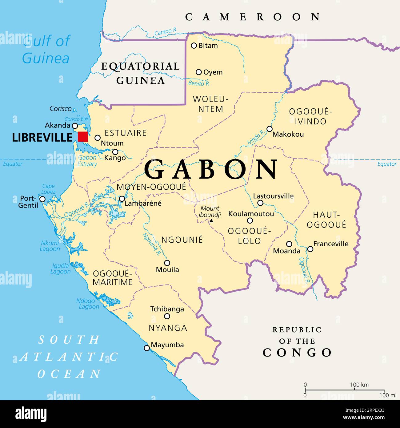 Gabun, politische Karte. Gabunische Republik mit Provinzen. Zentralafrikanisches Land an der Atlantikküste mit der Hauptstadt Libreville. Stockfoto