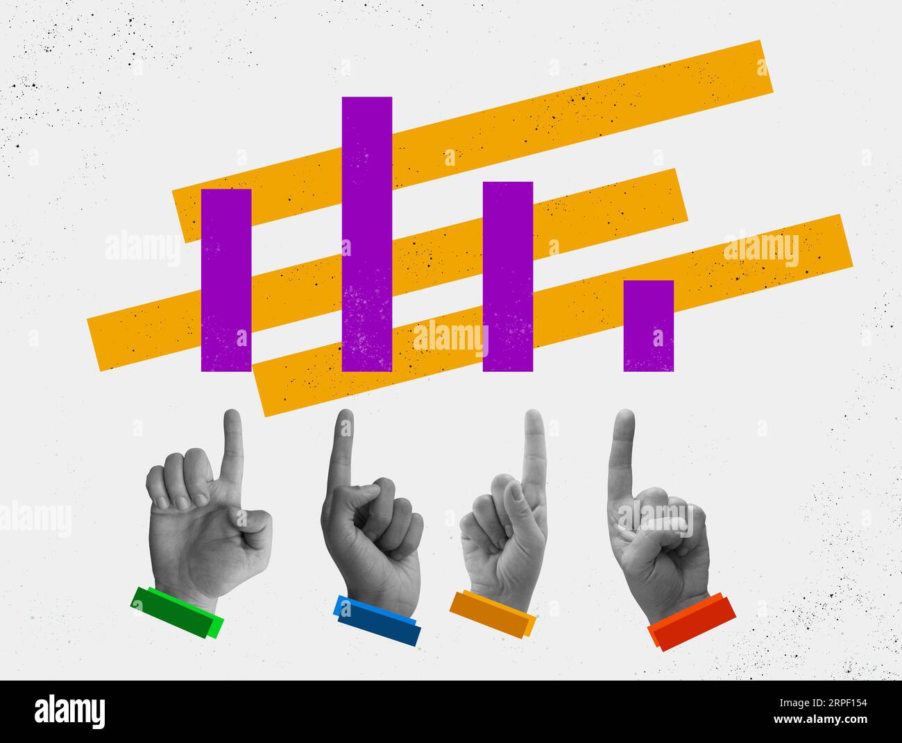 Collage mit Hand mit Diagramm. Bewertung, Bewertung und Erhebungen. Stockfoto