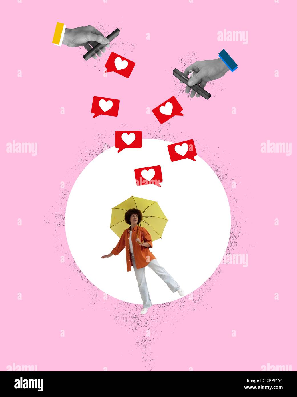 Eine Collage von Mädchen mit einem Schirm und Likes als Symbol für beliebte Inhalte in sozialen Medien. Stockfoto