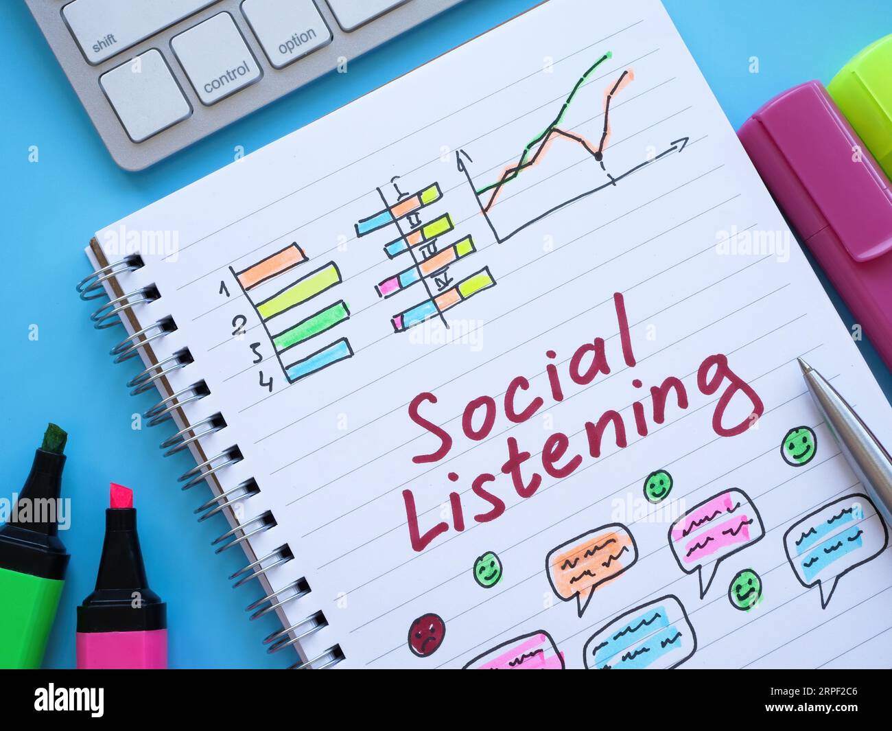 Handgeschriebenes Zeichen für soziales Zuhören auf Seite. Stockfoto