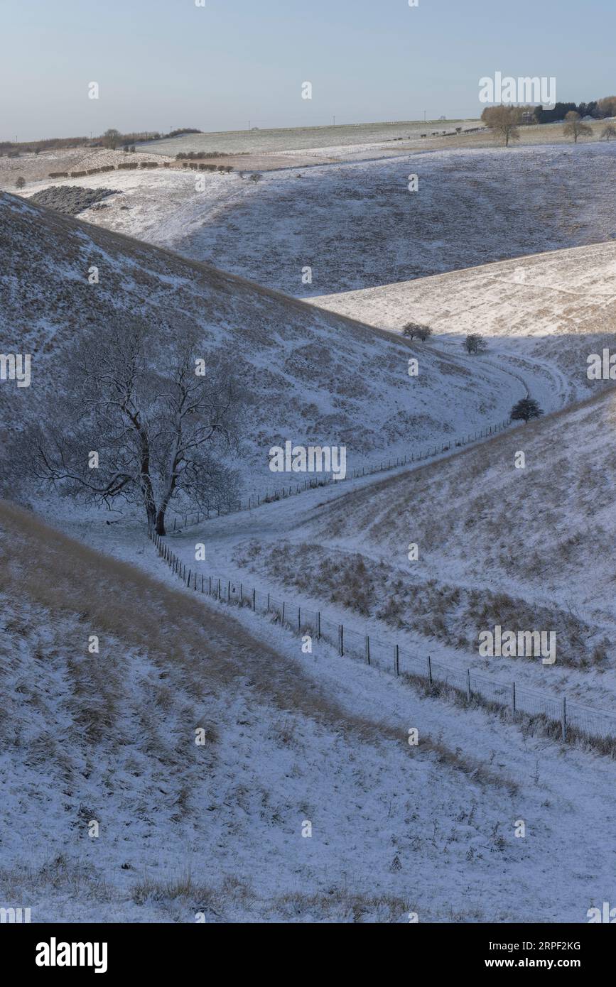 Eine Schneebedeckung im Frendal Dale bei Huggate in den Yorkshire Wolds, East Riding of Yorkshire, UK Stockfoto