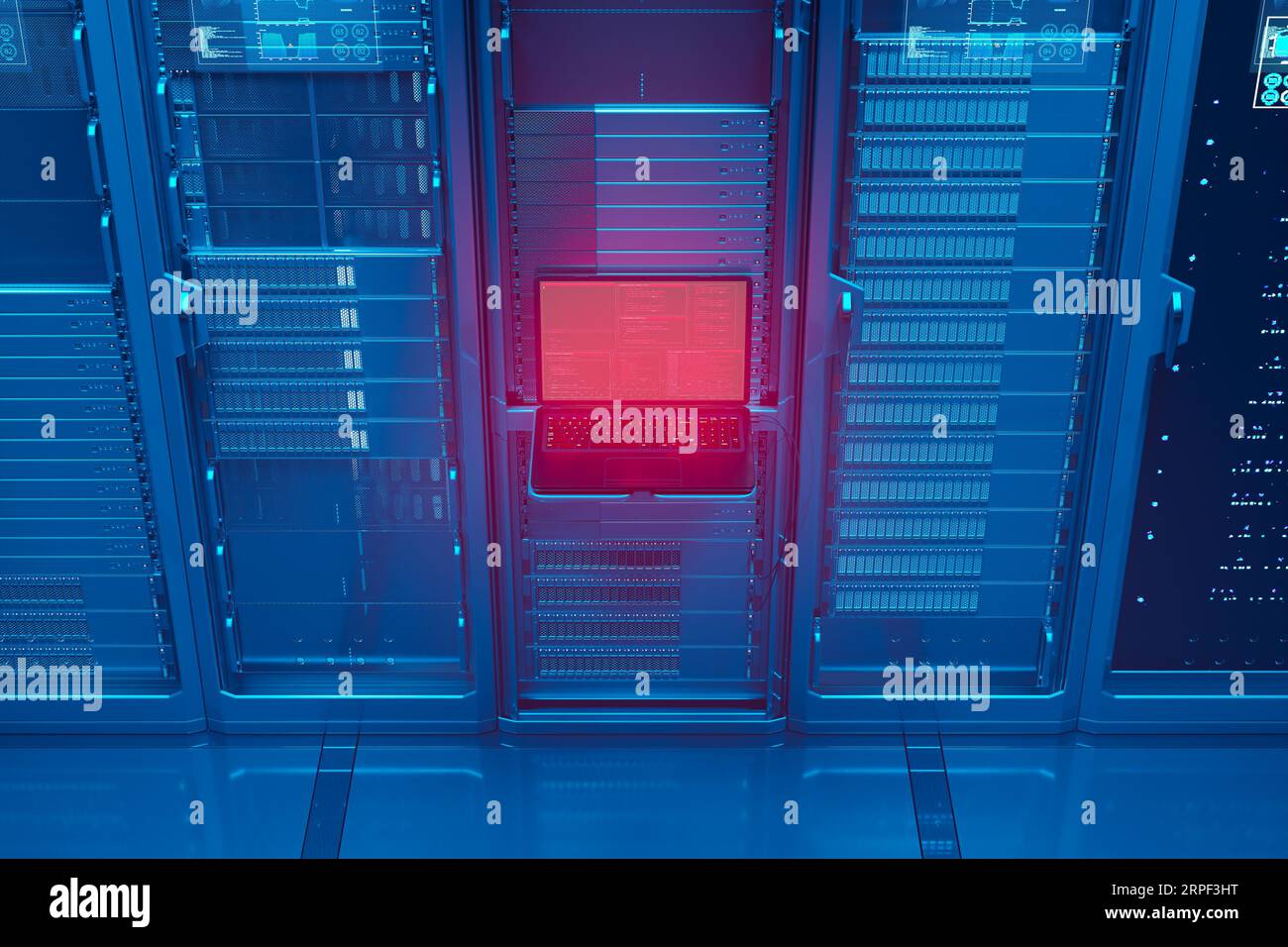 Warnung des Hauptsteuergeräts auf rotem Bildschirm. Sicherheitsgefahr für Netzwerkdatenbankcode. Stockfoto