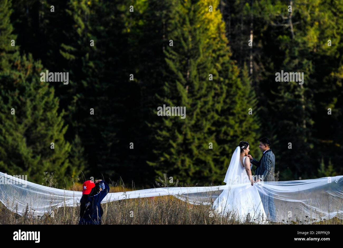 190926 -- URUMQI, 26. September 2019 -- Ein frisch verheiratetes Paar posiert für Fotos am Kanas Scenic Spot in Altay, Nordwestchina, Autonome Region Xinjiang Uygur, 25. September 2019. Kanas hat in den letzten neun Monaten dieses Jahres mehr als 8,5 Millionen Touristen empfangen, was einem Anstieg von 40 Prozent gegenüber dem Vorjahr entspricht. Der landschaftlich reizvolle Ort beherbergte an einem einzigen Tag 110.000 Personen. CHINA-XINJIANG-KANAS-TOURISM CN WangxFei PUBLICATIONxNOTxINxCHN Stockfoto