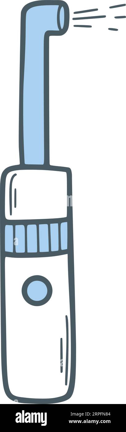 Handgezeichneter tragbarer Mundduscher. Doodle-Symbol des Geräts mit Wasserstrahl zur Reinigung der Zähne von Plaque. Vorrichtung zur interdentalen Spülung der Kieferorthopädie Stock Vektor