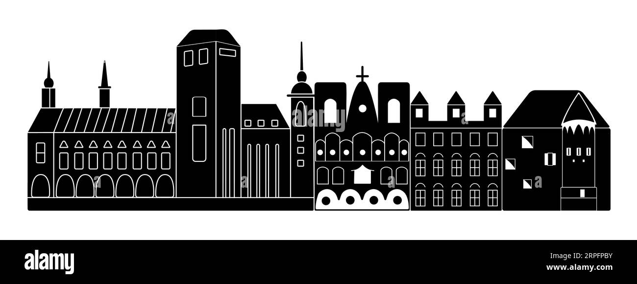 Europäische Architektur, wunderschöne Gebäude, schwarz-weiße Illustration Stock Vektor