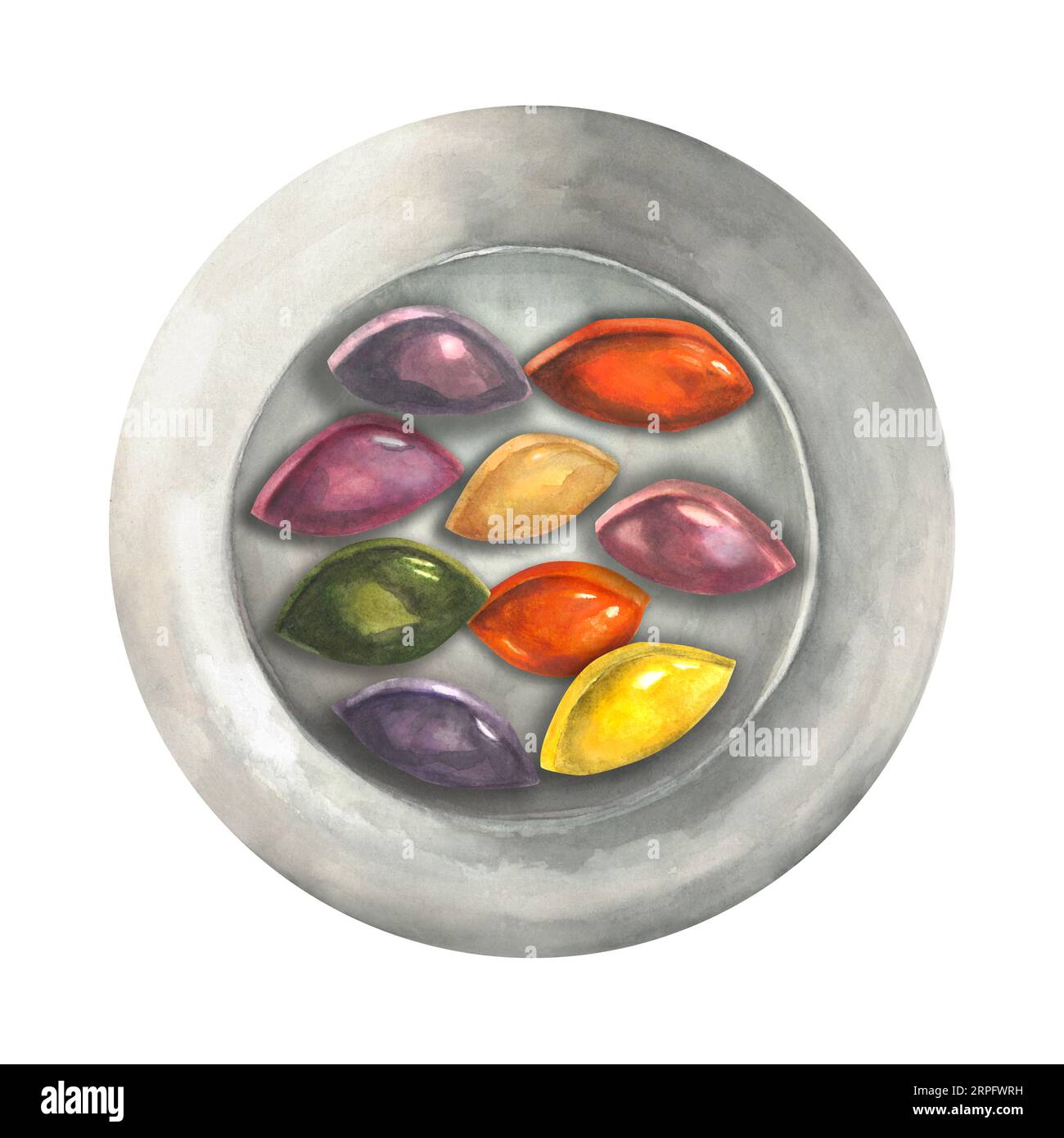 Aquarellkomposition von Platten- und Songpyeon-Illustrationen. Für koreanisches Herbsterntfest isoliert auf weißem Hintergrund handgezeichnet Stockfoto