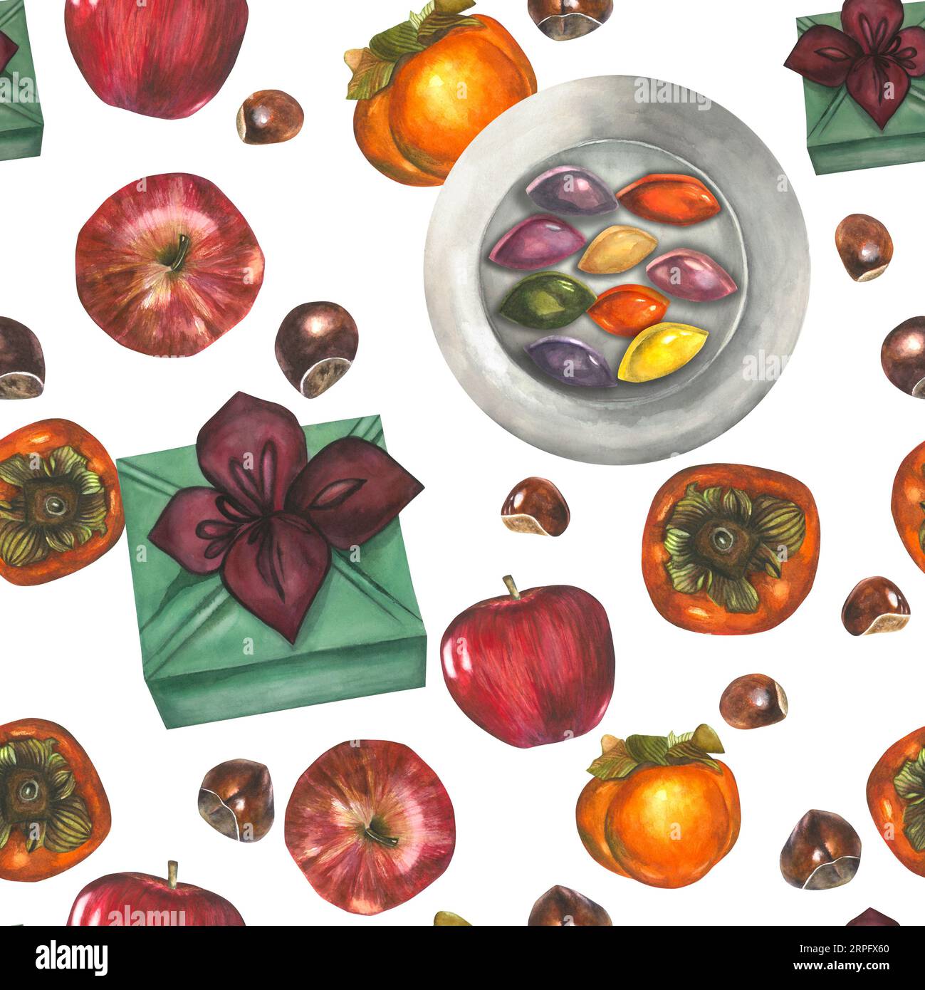Aquarellabbildungen für den traditionellen koreanischen Urlaub Chuseok - Geschenk, Songpyeon-Platte, Äpfel, Persimmon, Kastanie. Von Hand gezeichnetes Aquarellmuster Stockfoto