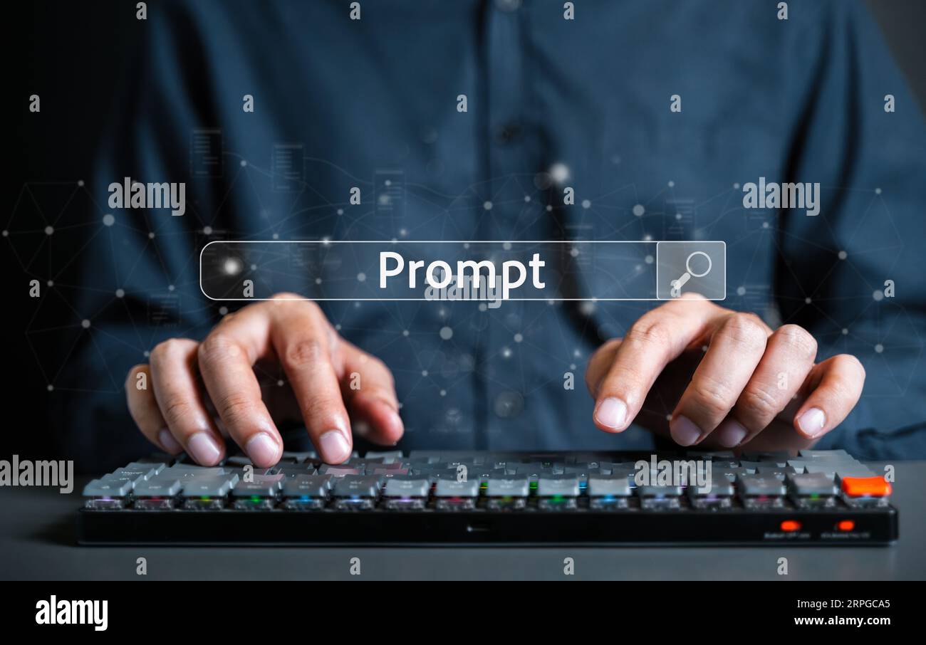 Hinweistext, KI-Textanzeige auf der Tastatur mit intelligenter künstlicher Intelligenz. Hinweistext mit AI, Konzept der sofortigen Hinweistexte. Stockfoto