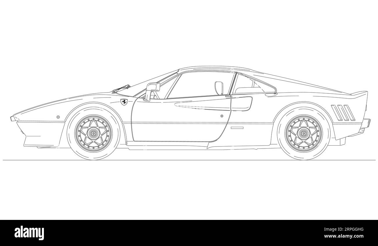 Maranello, Modena, Italien, Jahr 1983, Ferrari 288 GTO Silhouette umrissen Oldtimer, Vektorillustration auf dem weißen Hintergrund Stockfoto