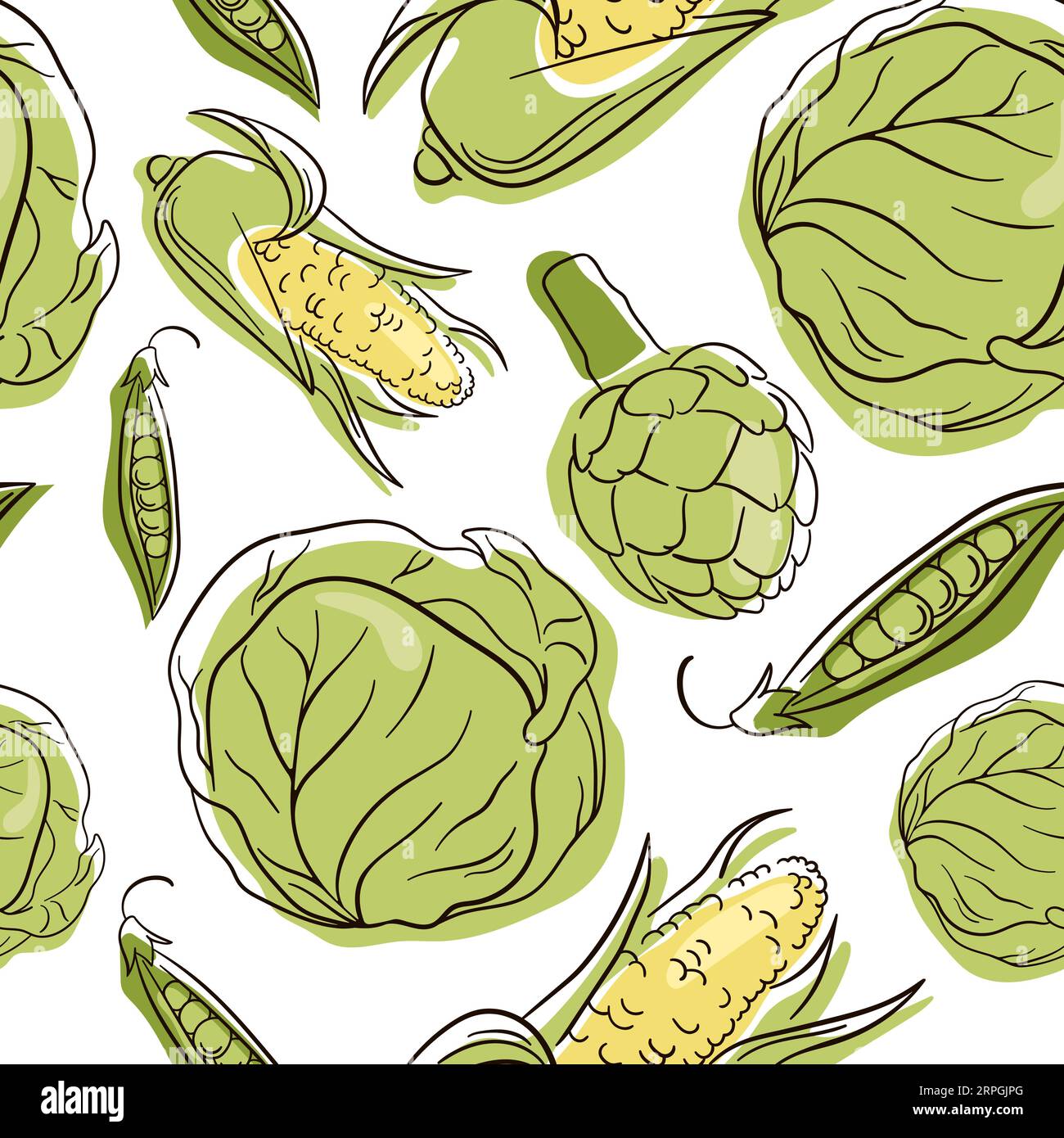 Nahtloses Muster mit handgezeichnetem Gemüse. Line Art Kohl, Mais, Erbsen, Artischocke. Vegetarische gesunde Lebensmittel-Vektor-Textur. Stock Vektor