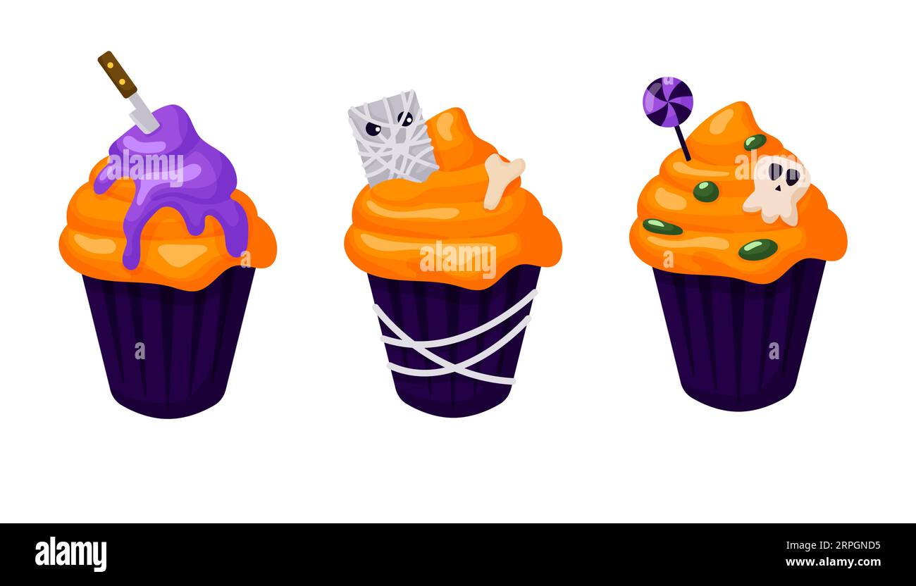 Happy Halloween Cupcakes im Cartoon-Stil. Gruselig verzierte Muffins, gruselige Süßigkeiten. Vektorillustration isoliert auf weißem Hintergrund. Stock Vektor