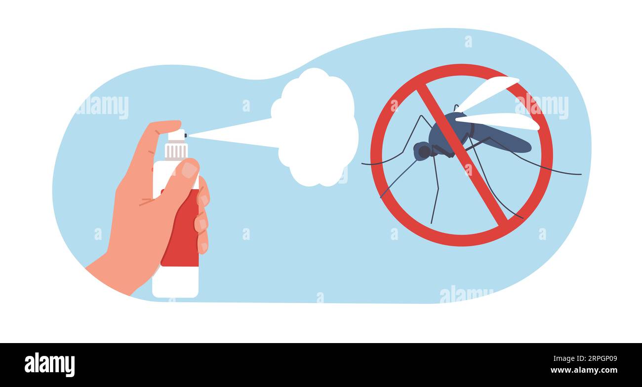 Spray zum Schutz vor Mückenstichen. Sprayspray mit Handgriff. Blutsauger-Insekt in verbotenem Zeichen. Wanzen-Bissverhinderung. Cartoon Stock Vektor