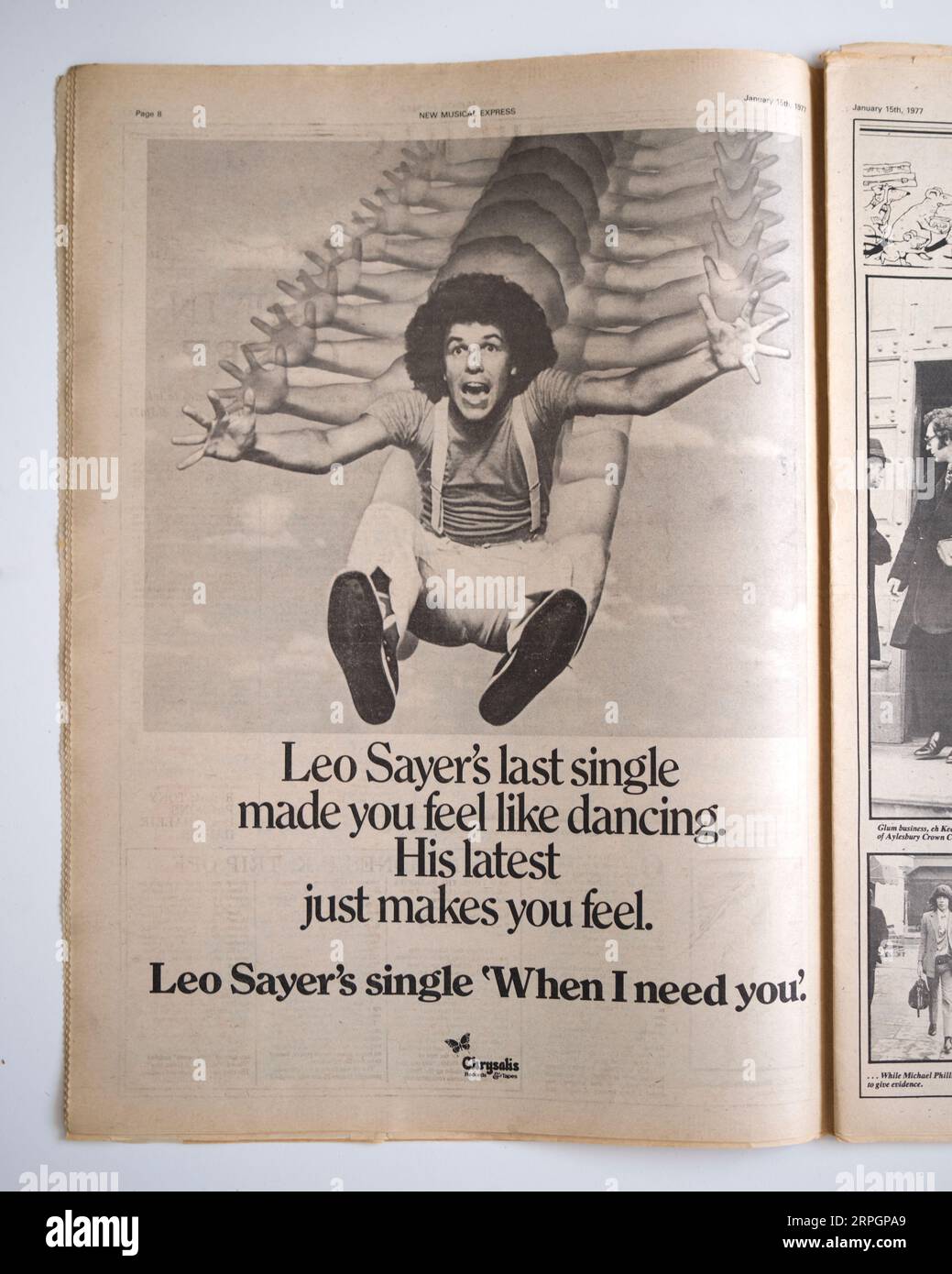 Werbespot für Leo Sayer Single „When I Need You“ aus 1970s New Music Express NME Stockfoto