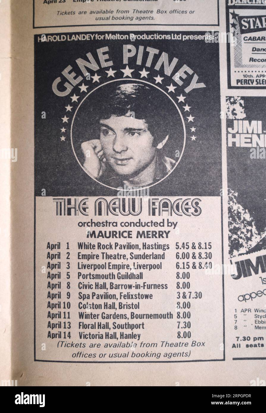 Der Werbespot für die Gene Pitney Tour stammt aus dem New Music Express NME der 1970er Jahre Stockfoto