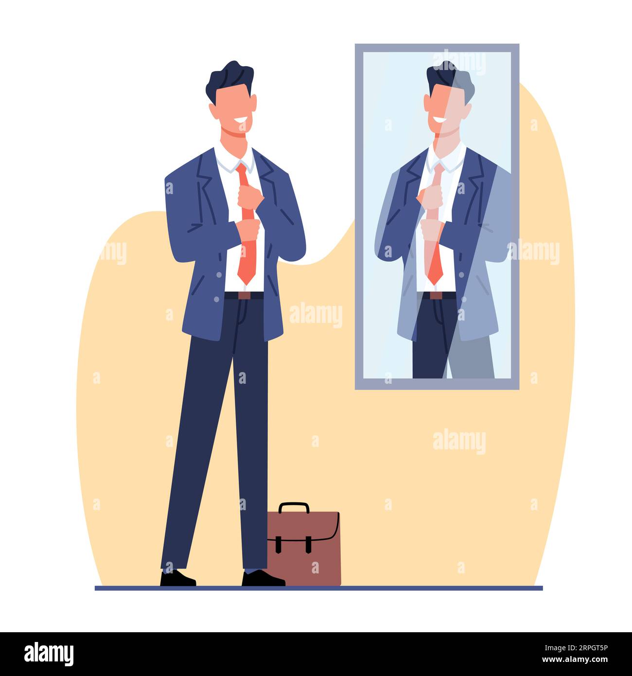 Junger Geschäftsmann fesselt seine Krawatte vor dem Spiegel. Mann, der sein Aussehen überprüft. Vorbereitung auf einen neuen Arbeitstag. Ambitionierter Bürocharakter. Cartoon Stock Vektor
