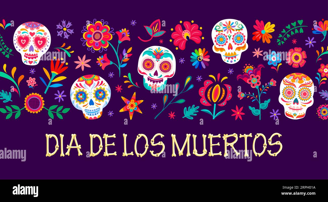 Cartoon-Zucker-Calavera-Schädel und tropische Blumen. Dia de los muertos Tag des toten mexikanischen Feiertags Banner. Vektor-Grußkarte mit Calaca-Köpfen und bunten Blüten im traditionellen alebrije-Stil Stock Vektor