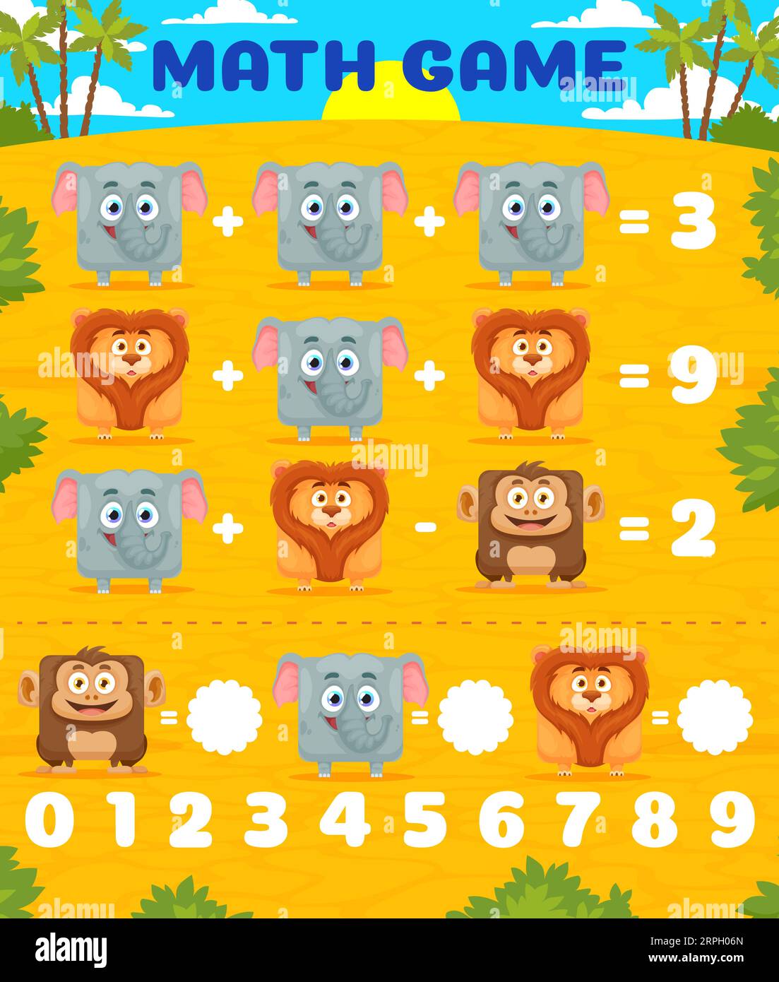 Zeichentrickfigur quadratischer Löwe, Elefant und Affen, mathematisches Arbeitsblatt. Vektorrätsel für Kindermathematik und Rechnen-Lernen. Mathematisch-naturwissenschaftliche Erziehung und Gleichungsaufgaben Puzzletätigkeit Stock Vektor