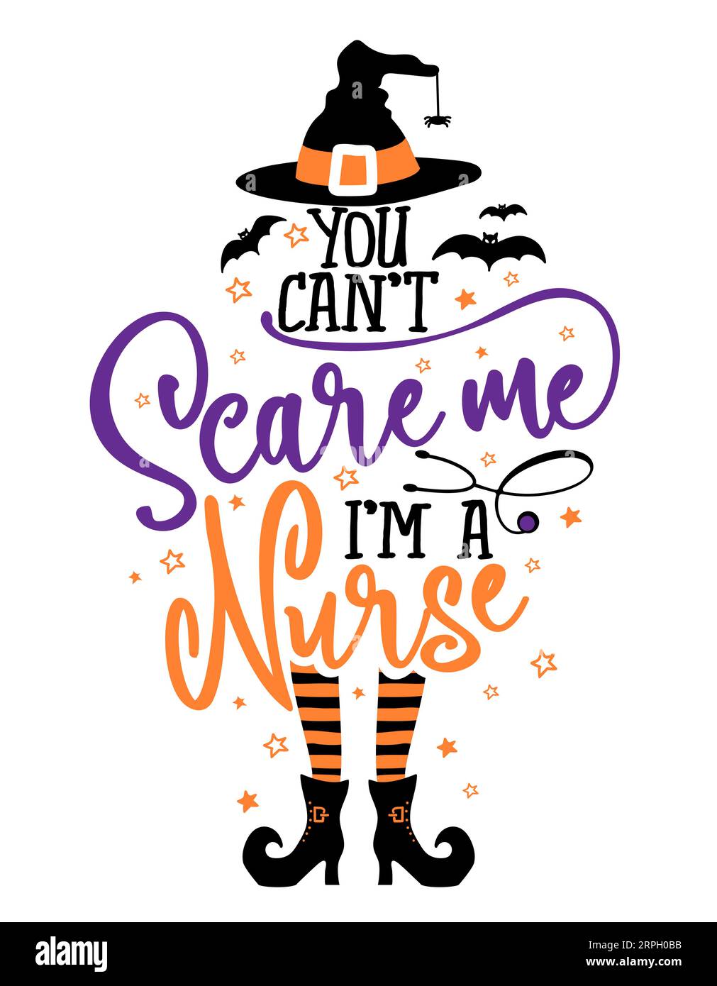 Du kannst mich nicht erschrecken, ich bin eine Krankenschwester - Halloween Zitat weißer Hintergrund mit Besen, Fledermäusen und Hexenhut. Gut für T-Shirt, Becher, Schrottbuchung, Geschenk, Putz Stock Vektor