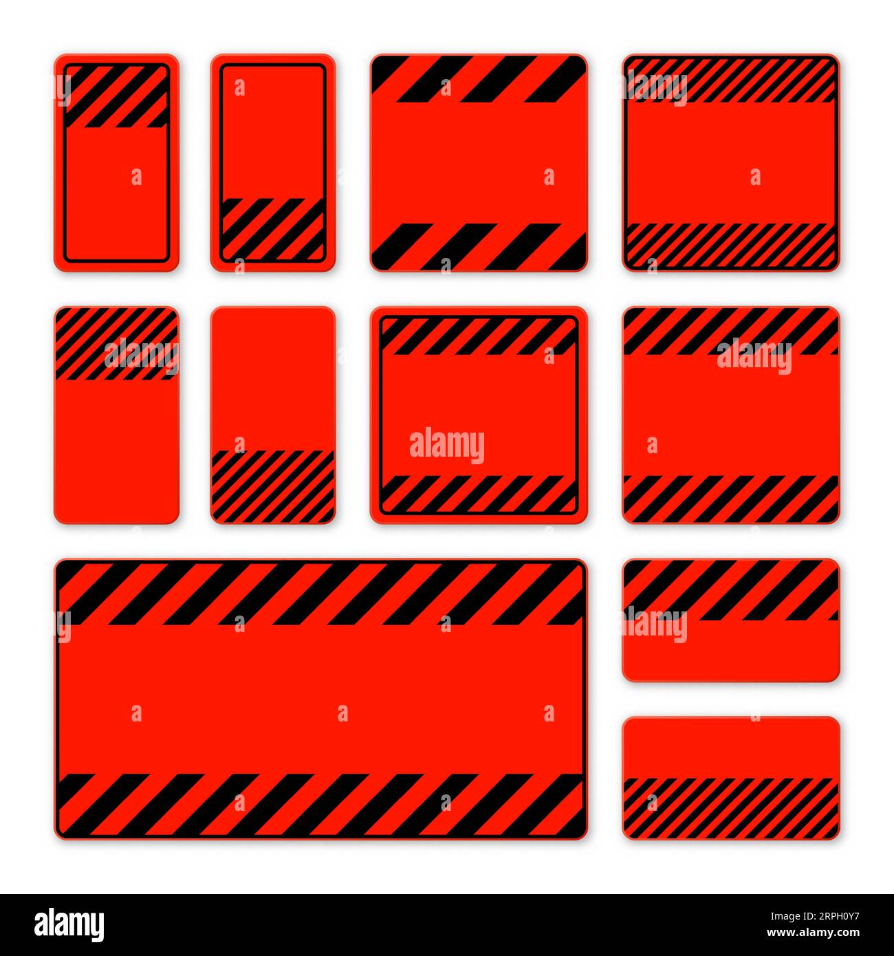 Verschiedene leere rote Warnschilder mit diagonalen Linien. Achtung-, Gefahr- oder Vorsichtshinweis, Baustellenbeschilderung. Realistisches Hinweisschild, Warnung Stock Vektor