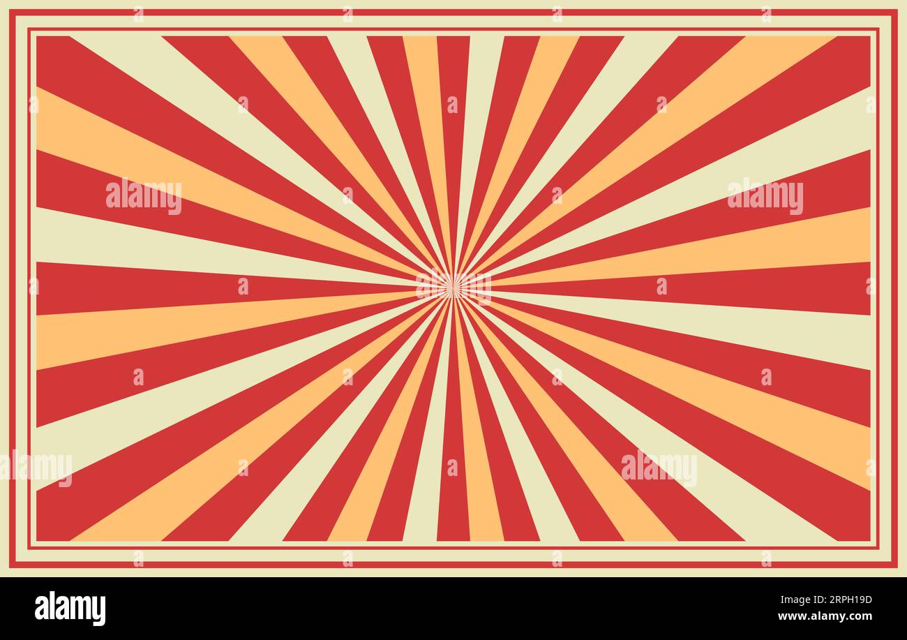 Zirkus- oder Karneval-Retro-Hintergrund, Sonnenstrahlen, Vintage-Burst-Layout mit gestreiften Rahmenrändern. Vektormuster aus roten, weißen und beigen Radiallinien mit Grunge-Textur, Zirkus- und Karnevalskulisse Stock Vektor