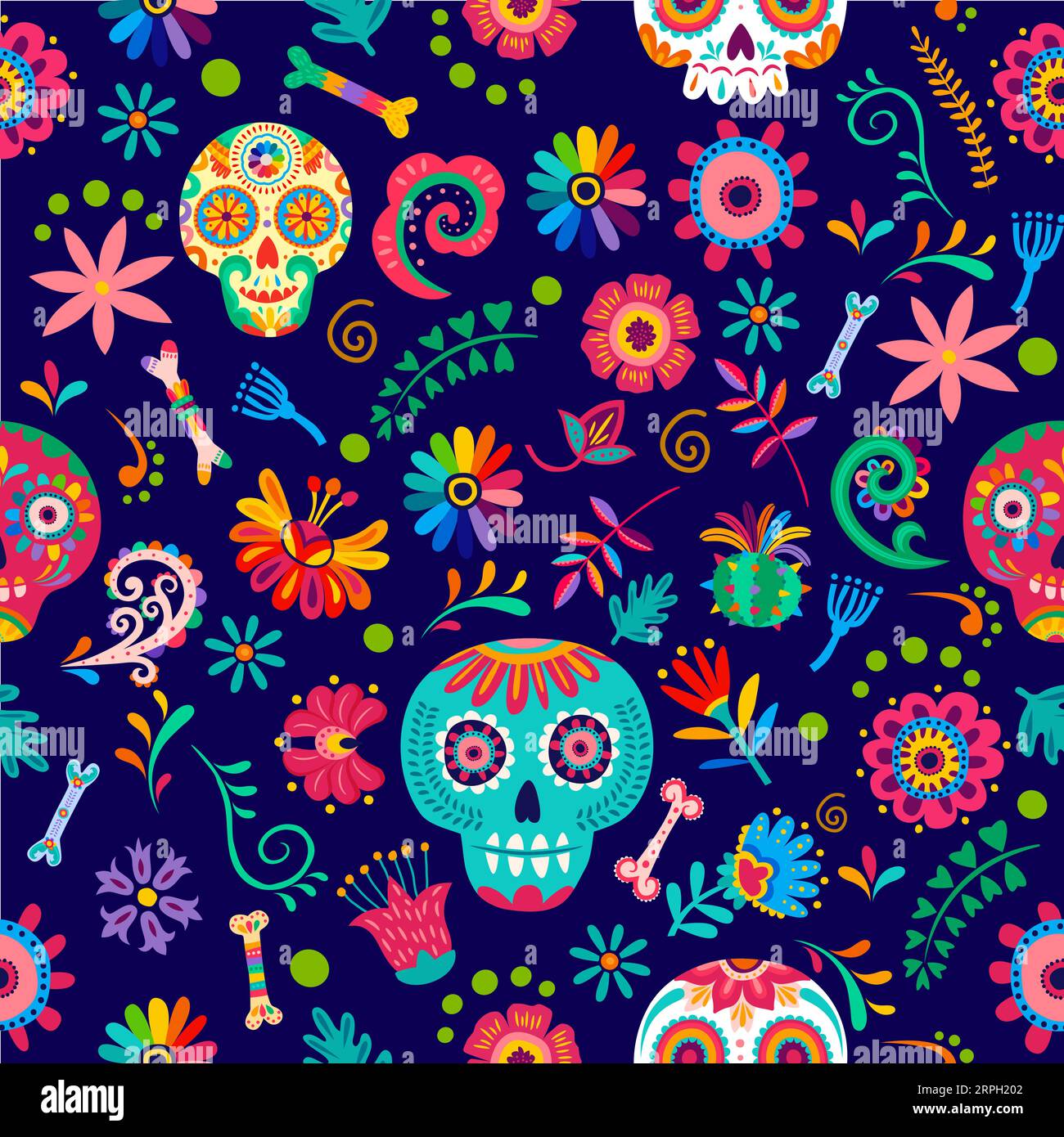 Dia de los muertos Day of the Dead nahtloses Muster mit tropischen Blumen, Kalavera-Zuckerschalen und Knochen. Vektor-Ornament im traditionellen Alebrije-Stil mit Kalakakaköpfen und floralen Elementen Stock Vektor
