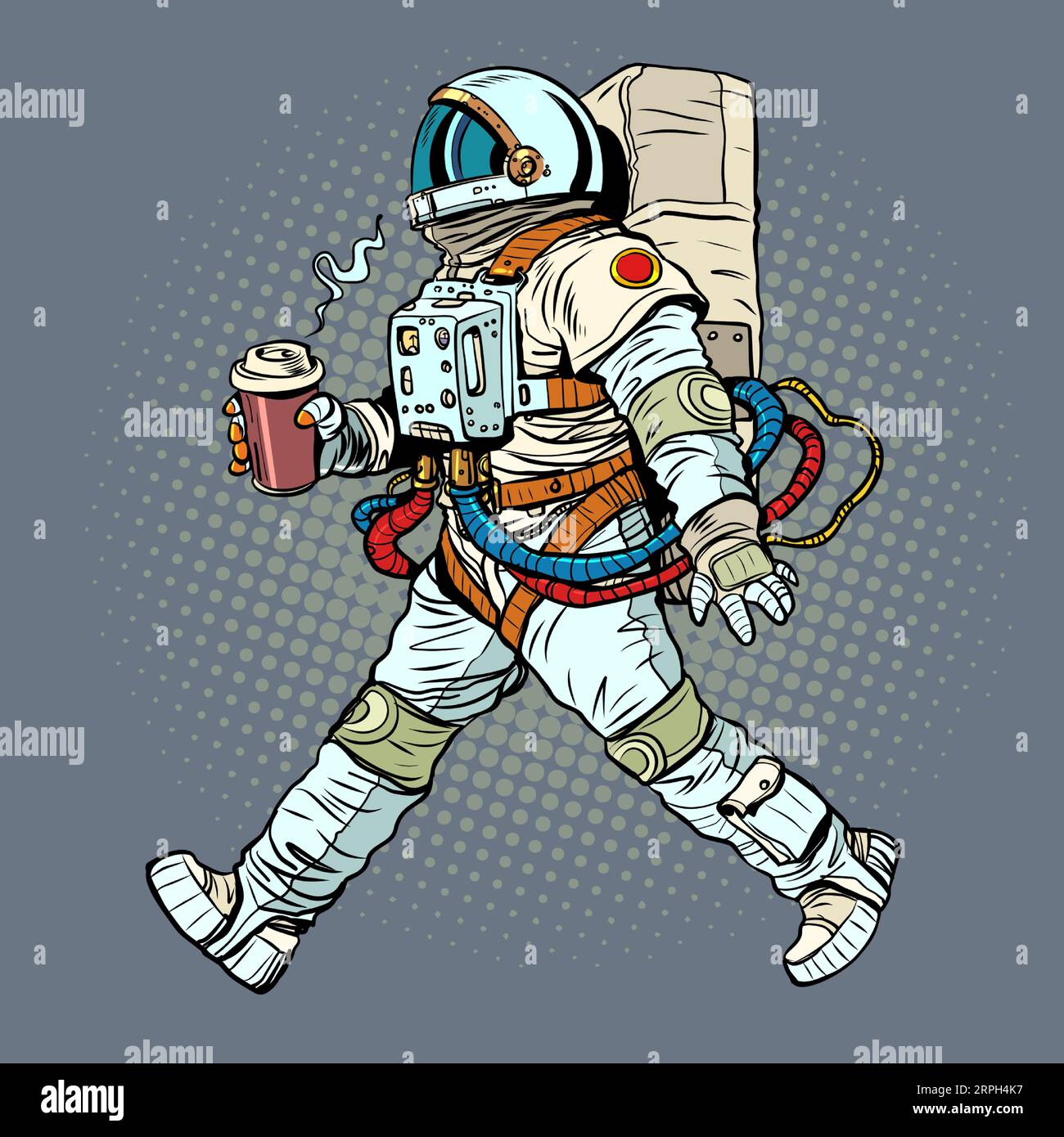 Lieferung eines Heißgetränks an einen beliebigen Ort. Ich liebe Kaffee auf der ganzen Welt. Astronaut mit einer Tasse Kaffee. Pop Art Retro Stock Vektor