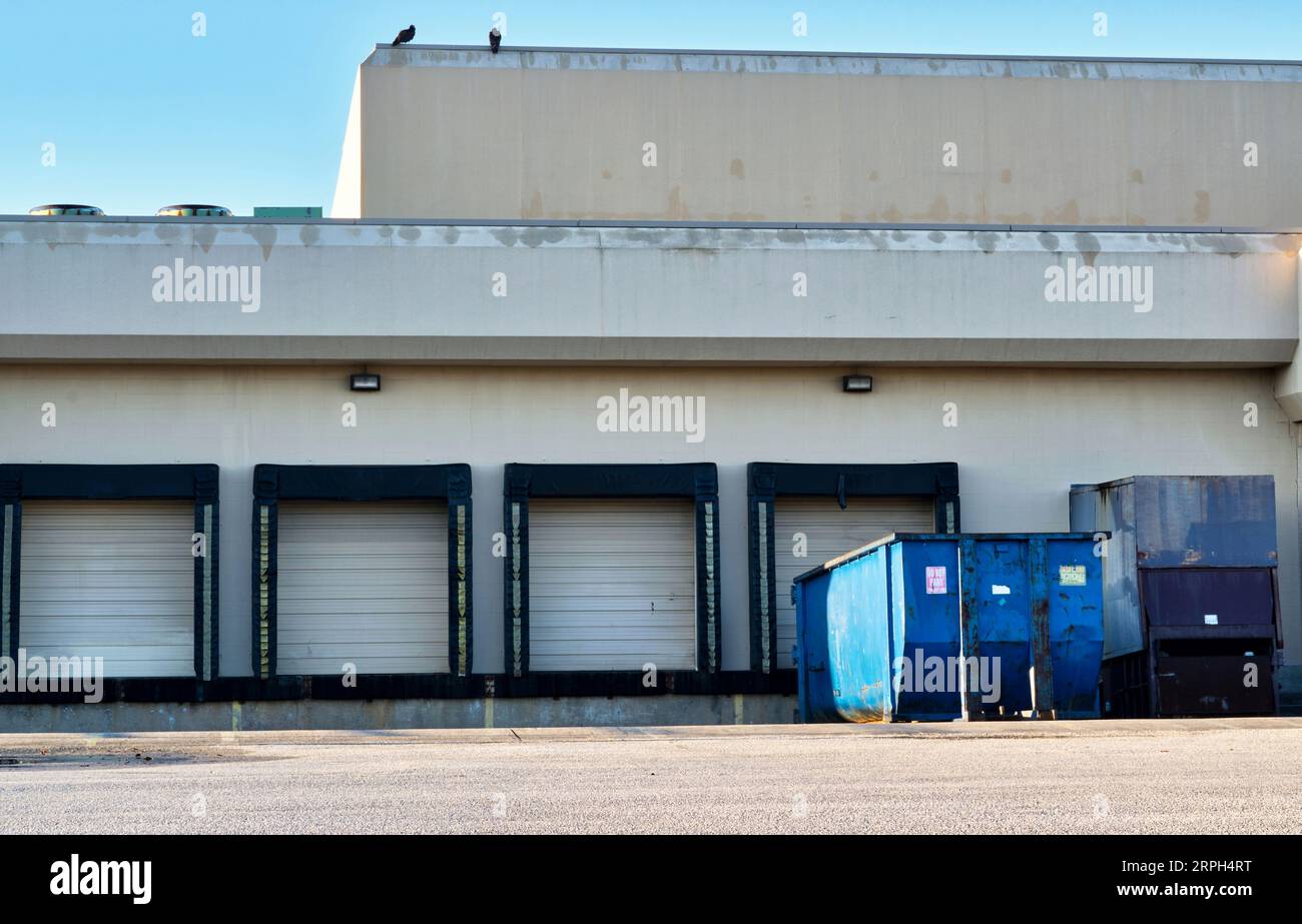 Geschlossene Docktüren an der Rückseite eines allgemeinen Industrielagergebäudes mit blauen Müllcontainern. Abfallbeseitigungs- und Recyclingbereich. Stockfoto