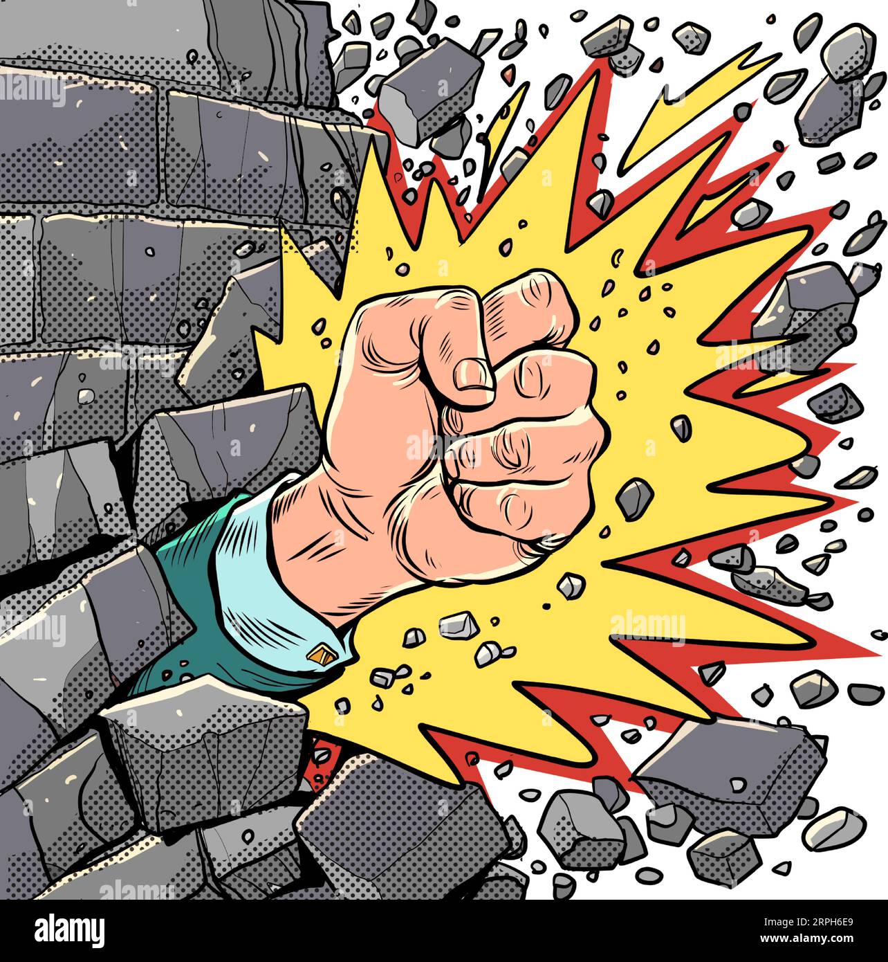 Überwinden Sie Barrieren. Stärke des Geistes. Ein Mann mit einer Explosion bricht die Wand. Pop Art Retro Stock Vektor
