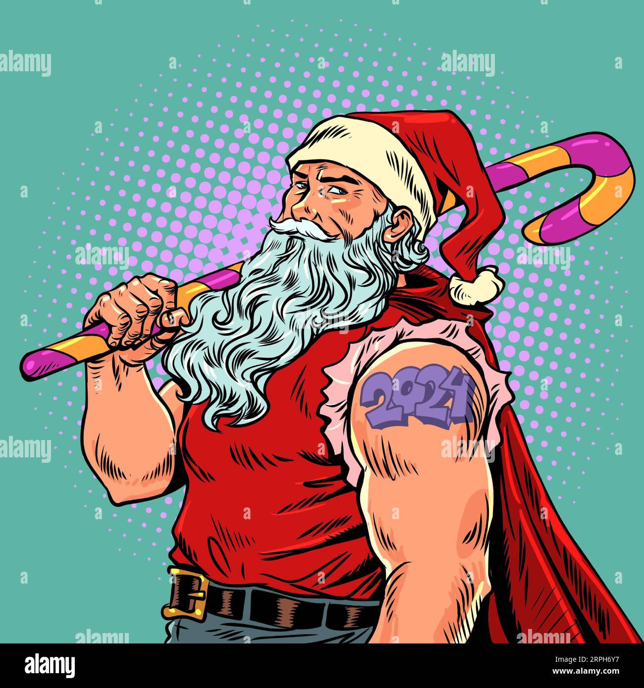 weihnachtsmann weihnachten das kommende neue Jahr 2024 in Form eines Tätowierens auf der Schulter eines Mannes. Bevorstehende Änderungen sollten mit Süßigkeiten erfüllt werden. Brutal Stock Vektor