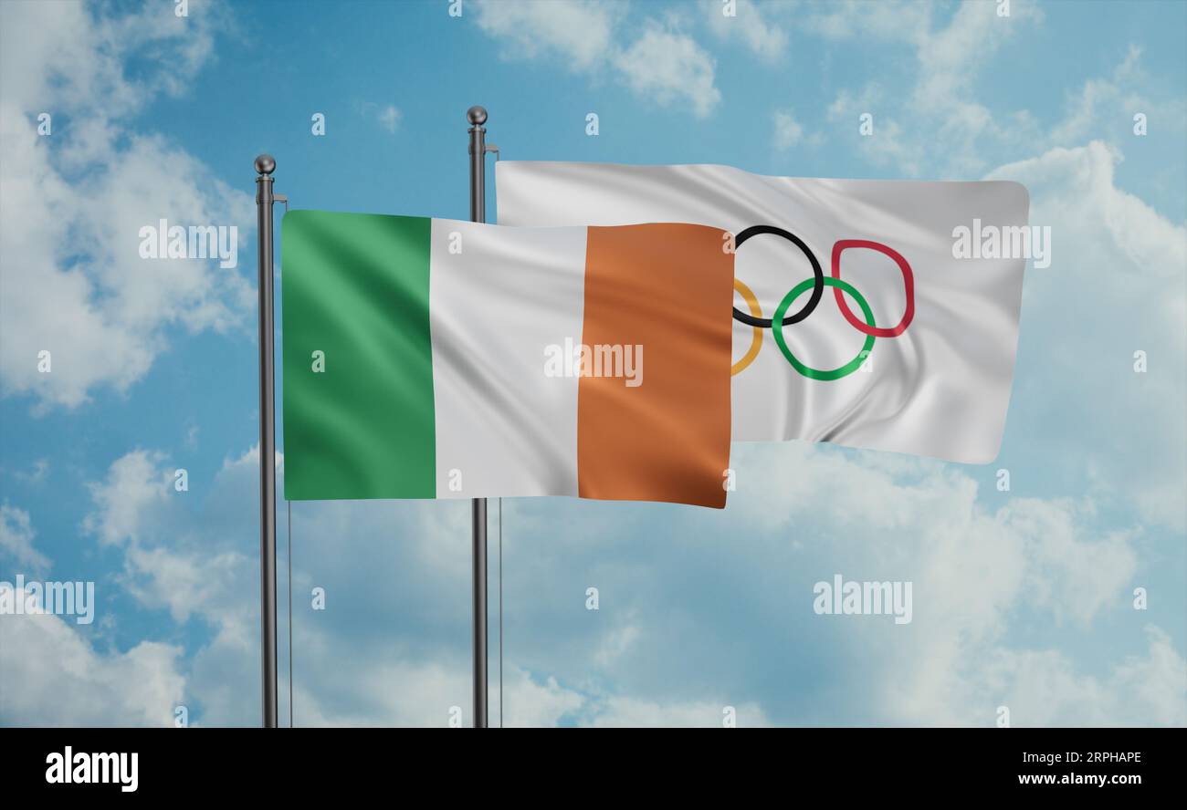 Olympische Spiele und Irland-Flagge, die am blauen Himmel im Wind winken Stockfoto