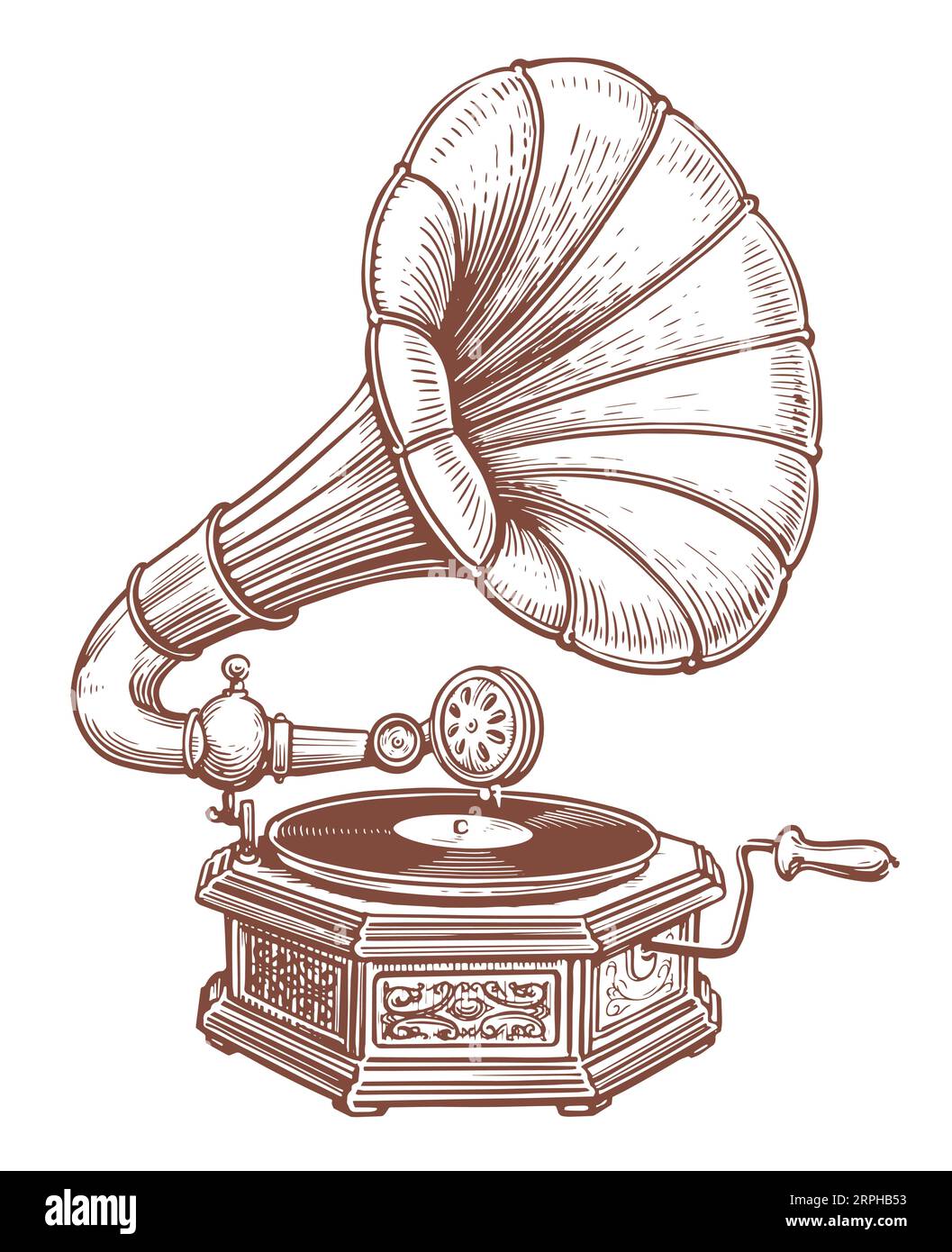 Retro-Gramophon mit Vinylscheibe. Plattenspieler aus antikem Messing. Retro-Musikgerät mit Horn-Lautsprecher-Vektor-Illustration Stock Vektor