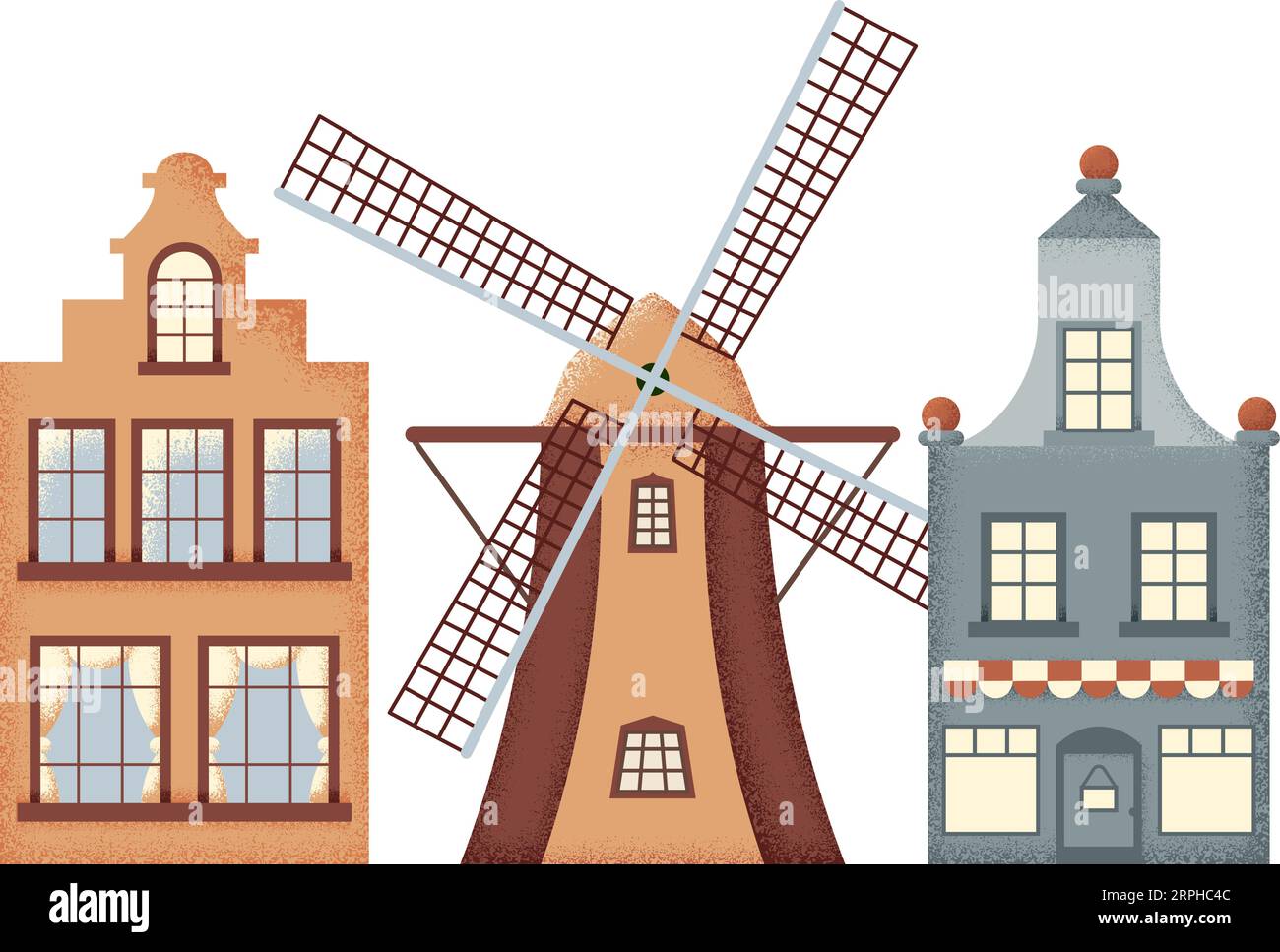 Alte europäische Stadthäuser und eine ländliche Windmühle Stock Vektor